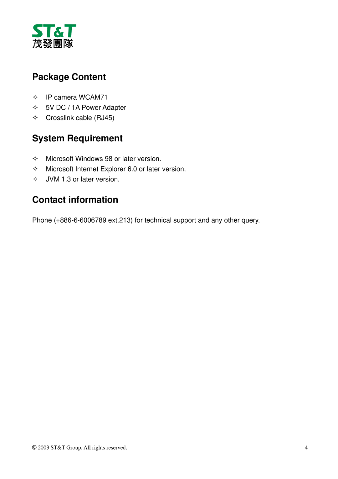 ST & T WCAM71 manual Package Content, System Requirement, Contact information 