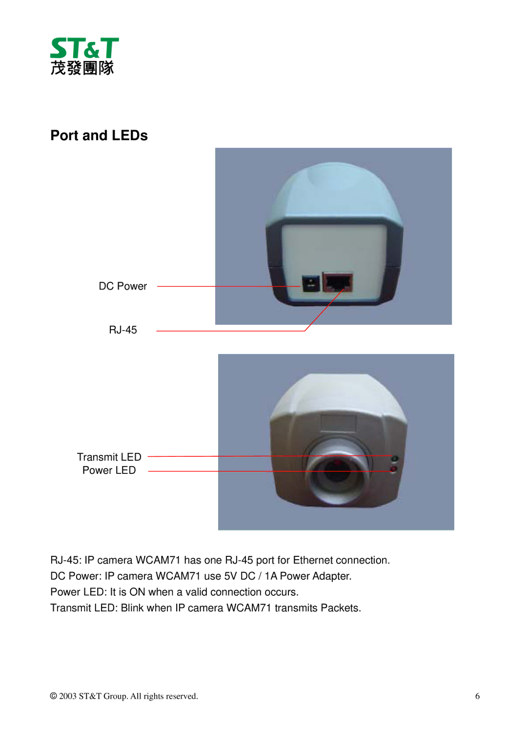 ST & T WCAM71 manual Port and LEDs 