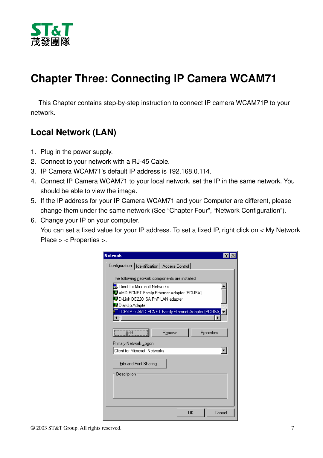 ST & T manual Chapter Three Connecting IP Camera WCAM71, Local Network LAN 