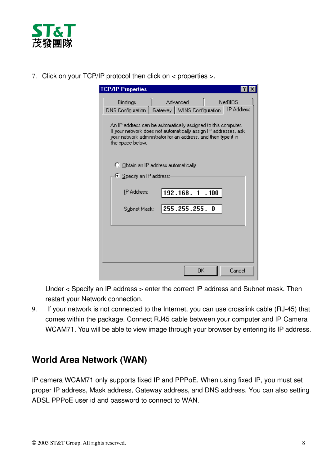 ST & T WCAM71 manual World Area Network WAN 