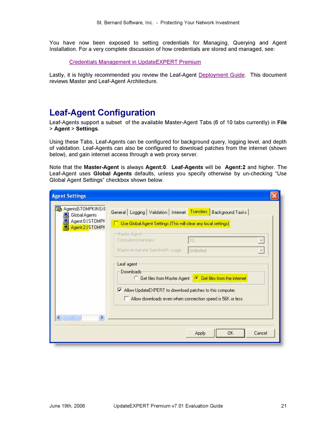 St. Bernard Software v7.01 manual Leaf­Agent Configuration, Agent Settings 