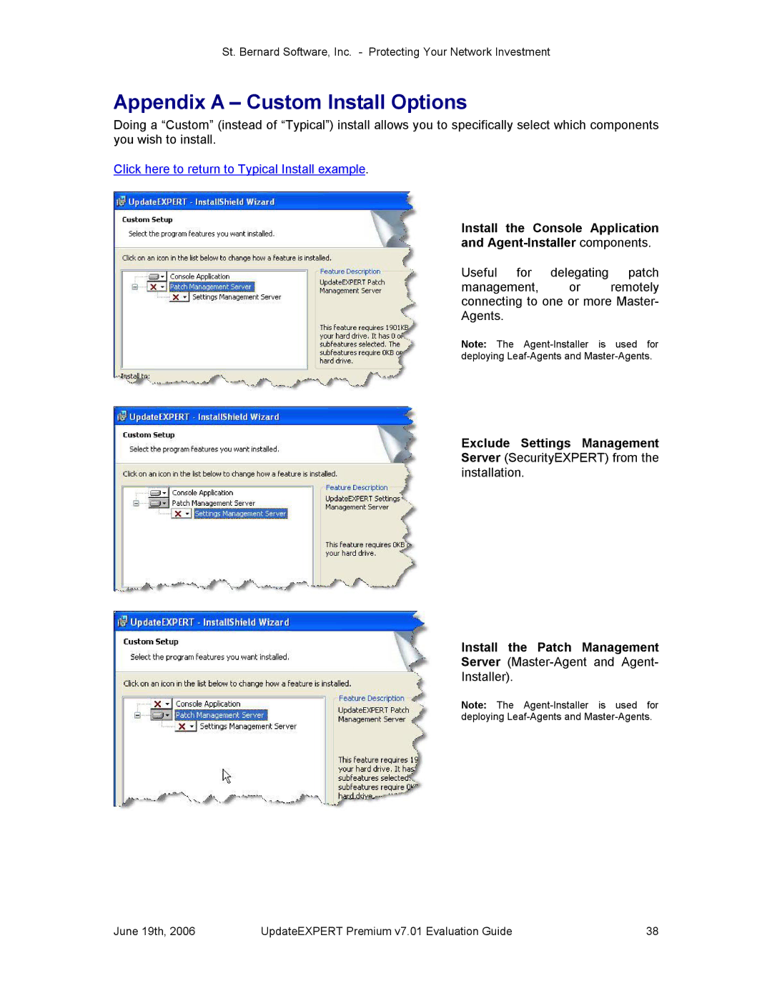 St. Bernard Software v7.01 manual Appendix a Custom Install Options, Server Master­Agent and Agent­ Installer 