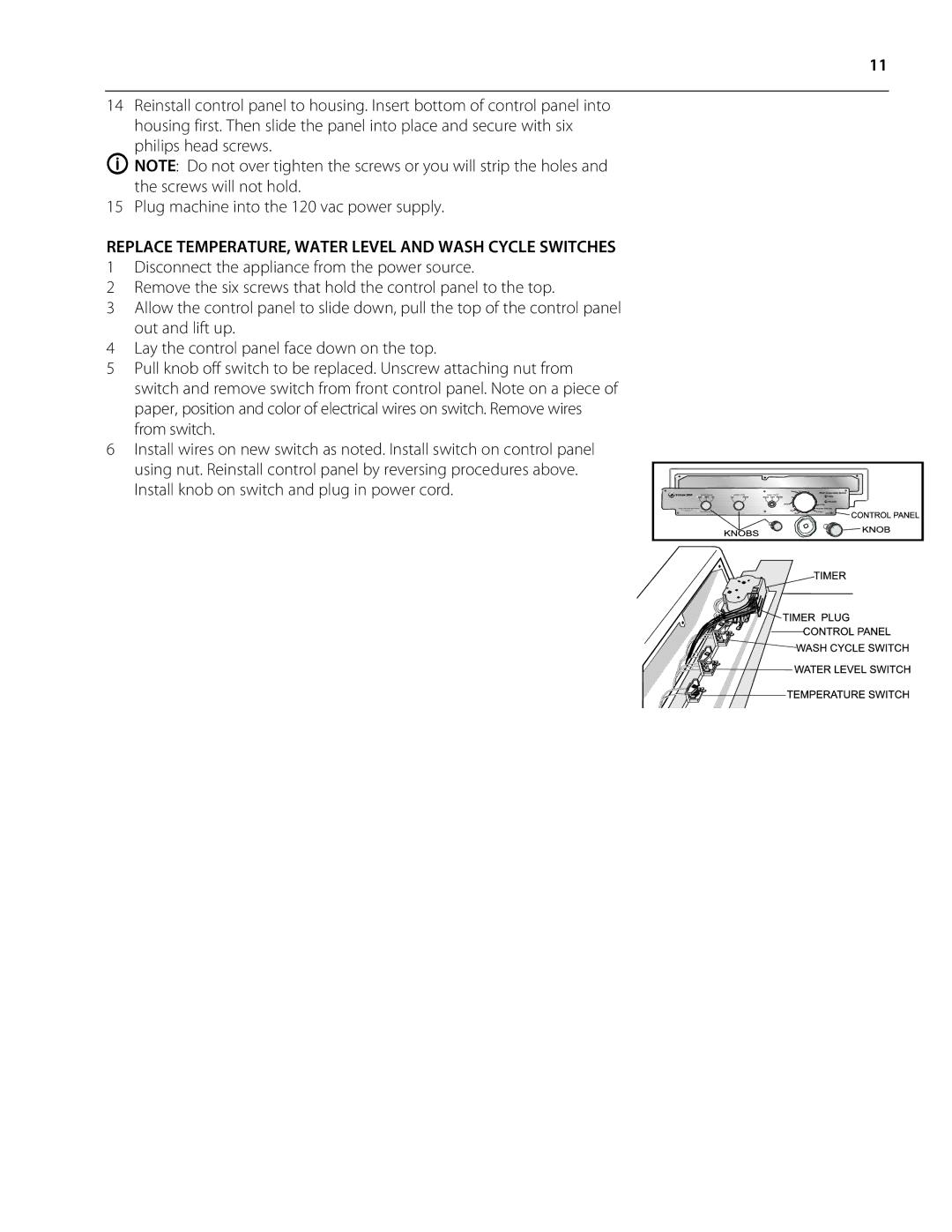 Staber Industries HXW2305, HXW2304, HXW2404, HXW2405, HXW2504 manual Replace TEMPERATURE, Water Level and Wash Cycle Switches 