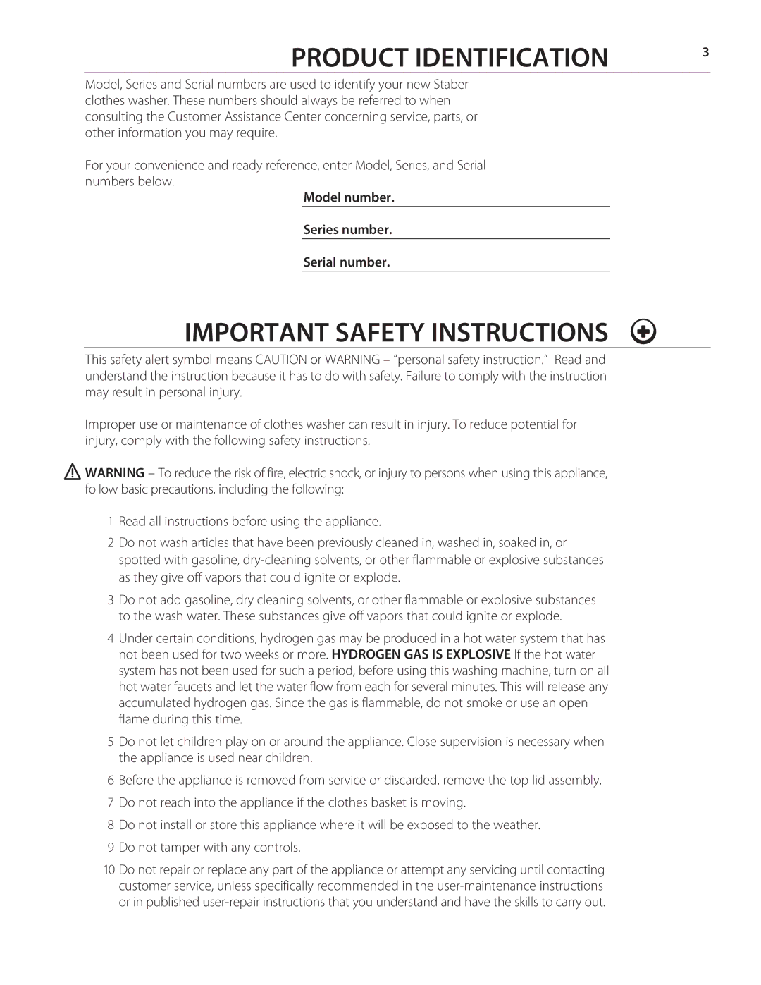 Staber Industries HXW2504, HXW2304, HXW2404, HXW2405, HXW2505, HXW2305 Product Identification, Important Safety Instructions 