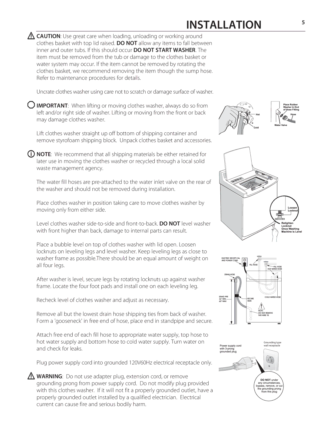 Staber Industries HXW2305, HXW2304, HXW2404, HXW2405 Installation, Recheck level of clothes washer and adjust as necessary 