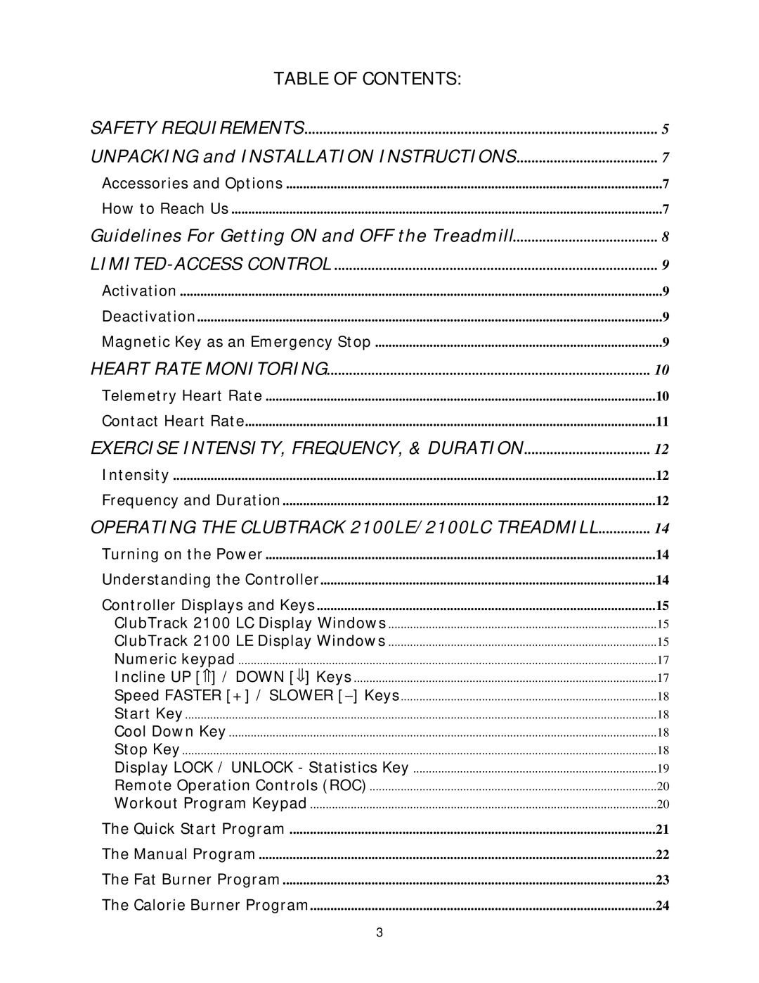 Stairmaster 2100 LE, 2100 LC manual Table of Contents 