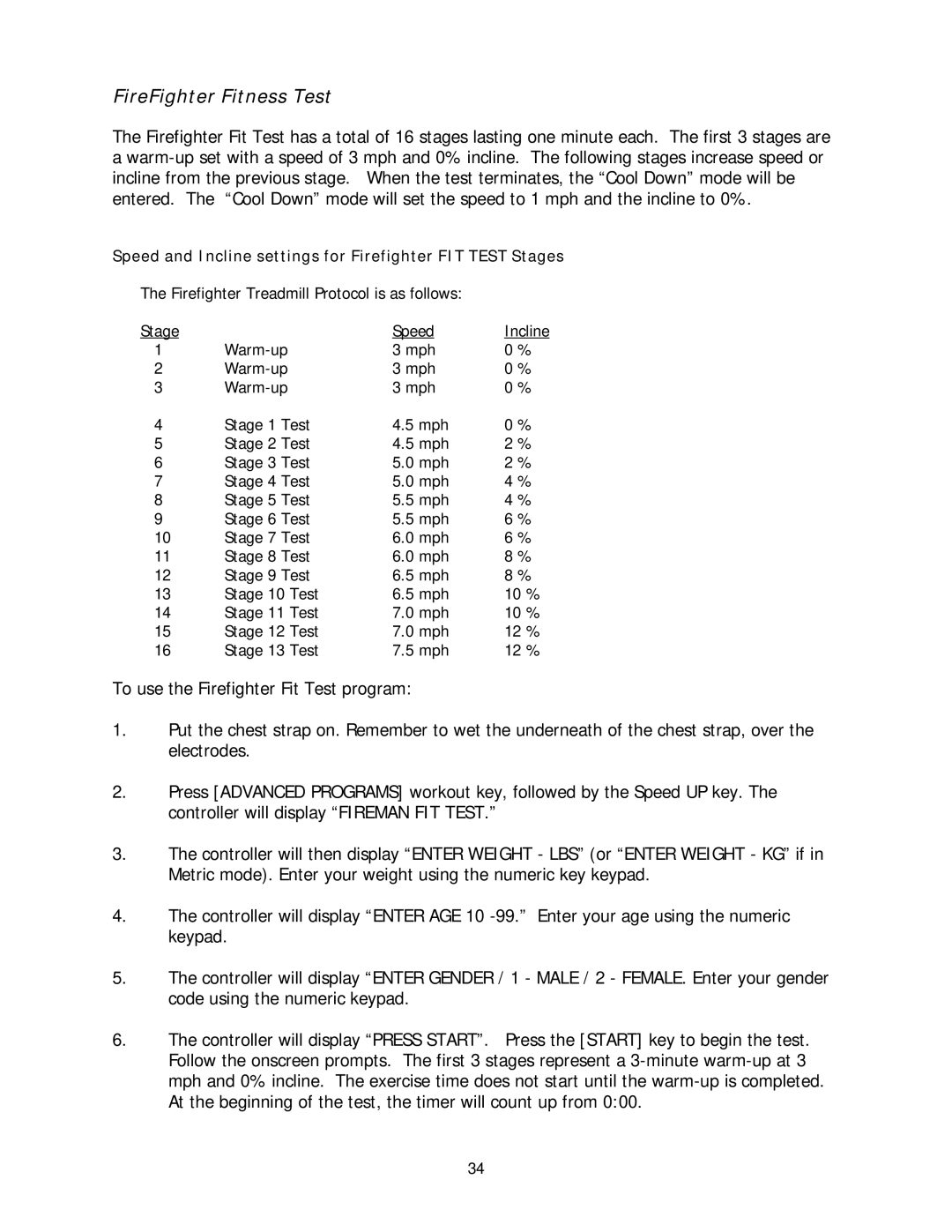 Stairmaster 2100 LC, 2100 LE manual FireFighter Fitness Test, Speed and Incline settings for Firefighter FIT Test Stages 