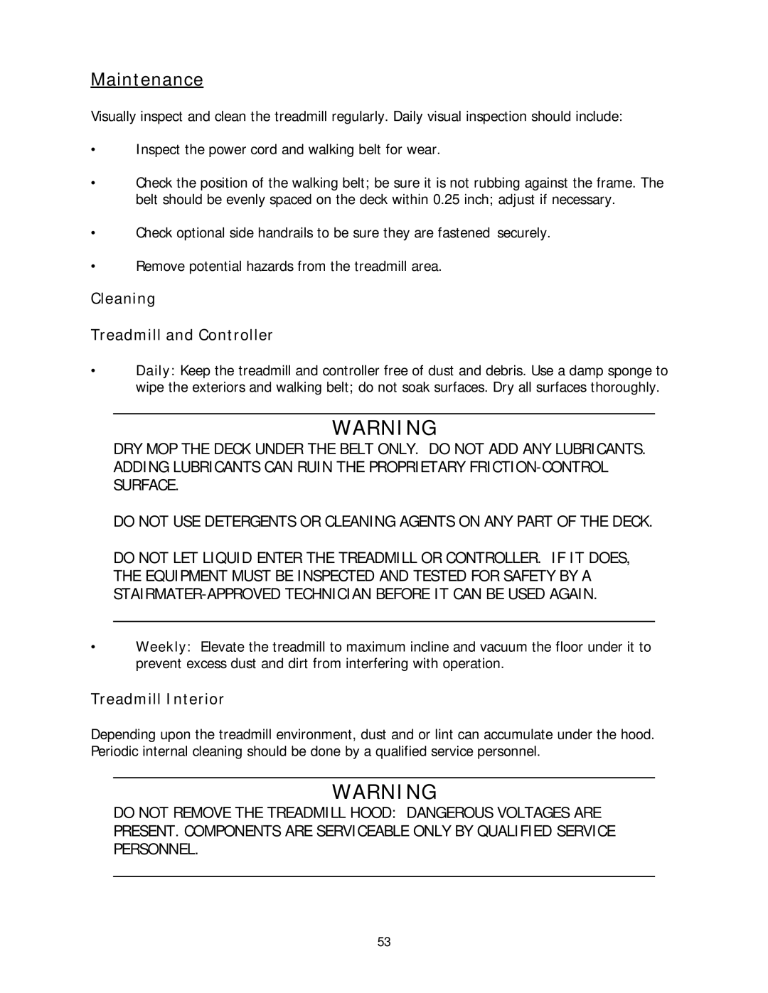 Stairmaster 2100 LE, 2100 LC manual Maintenance, Cleaning Treadmill and Controller, Treadmill Interior 