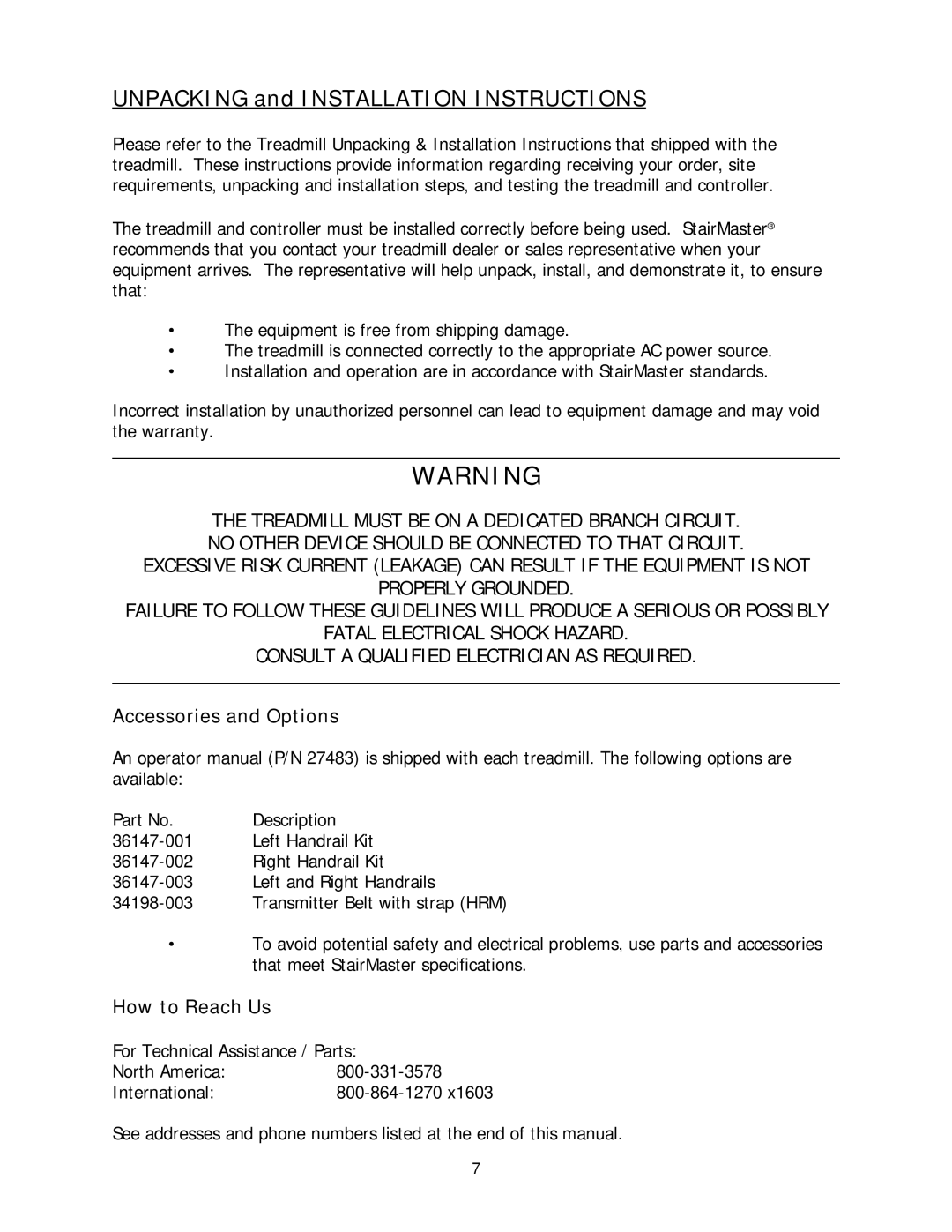 Stairmaster 2100 LE, 2100 LC manual Unpacking and Installation Instructions, Accessories and Options, How to Reach Us 