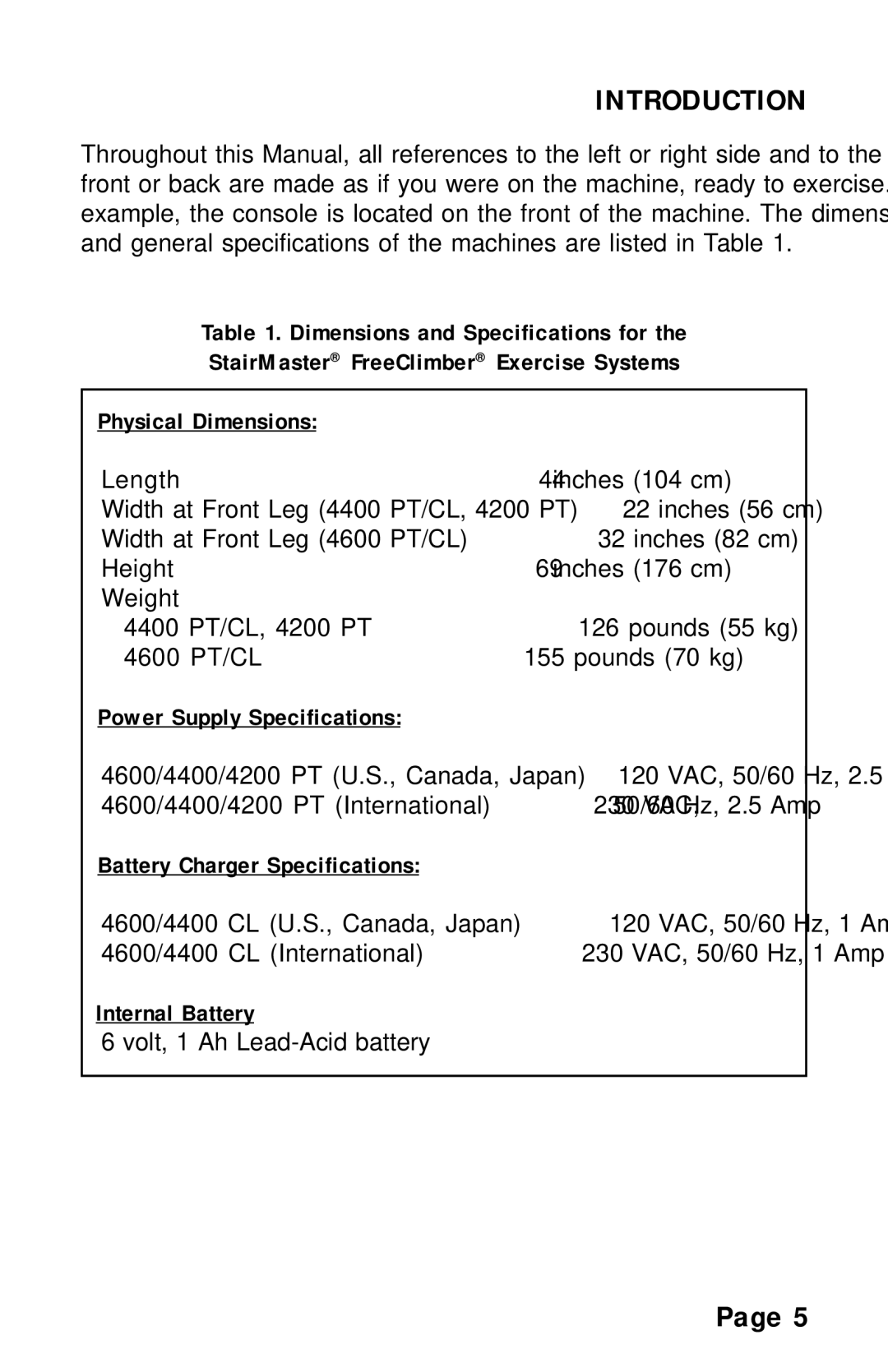 Stairmaster 4400 PT/CL, 4600 PT/CL, 4200 PT Power Supply Specifications, Battery Charger Specifications, Internal Battery 