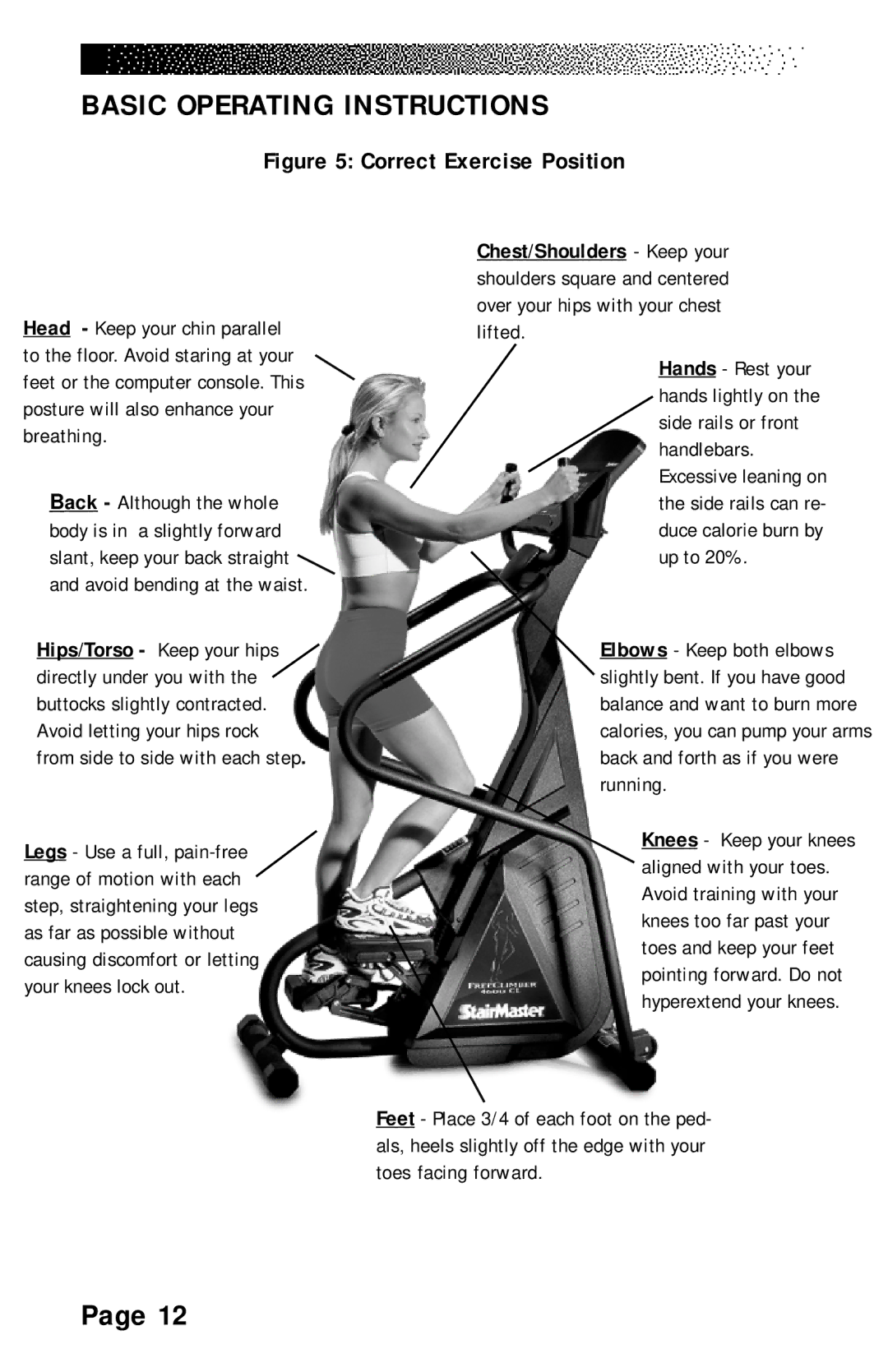 Stairmaster 4600 PT/CL, 4200 PT, 4400 PT/CL manual Correct Exercise Position 