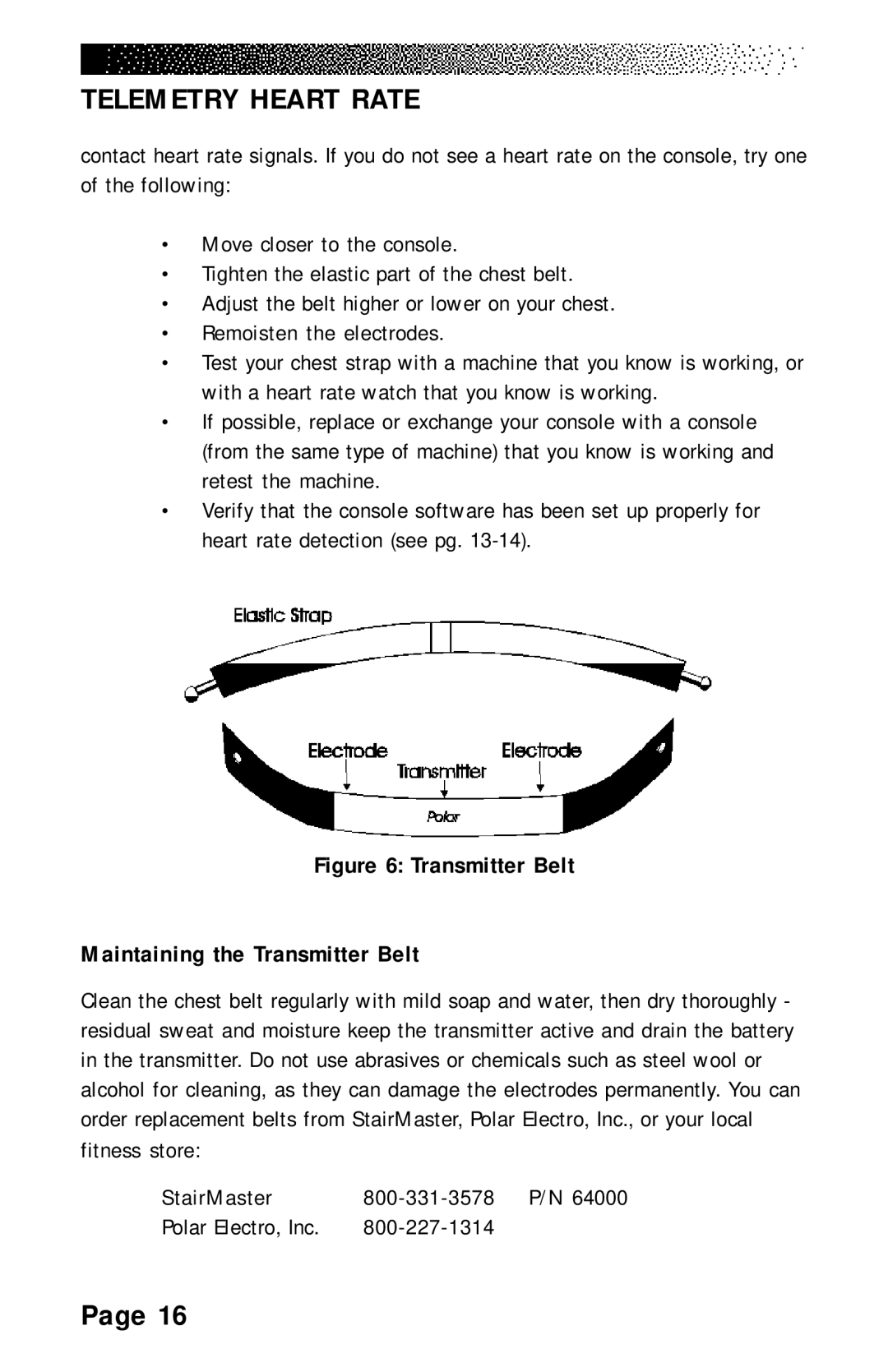 Stairmaster 4200 PT, 4600 PT/CL, 4400 PT/CL manual Transmitter Belt Maintaining the Transmitter Belt, StairMaster 