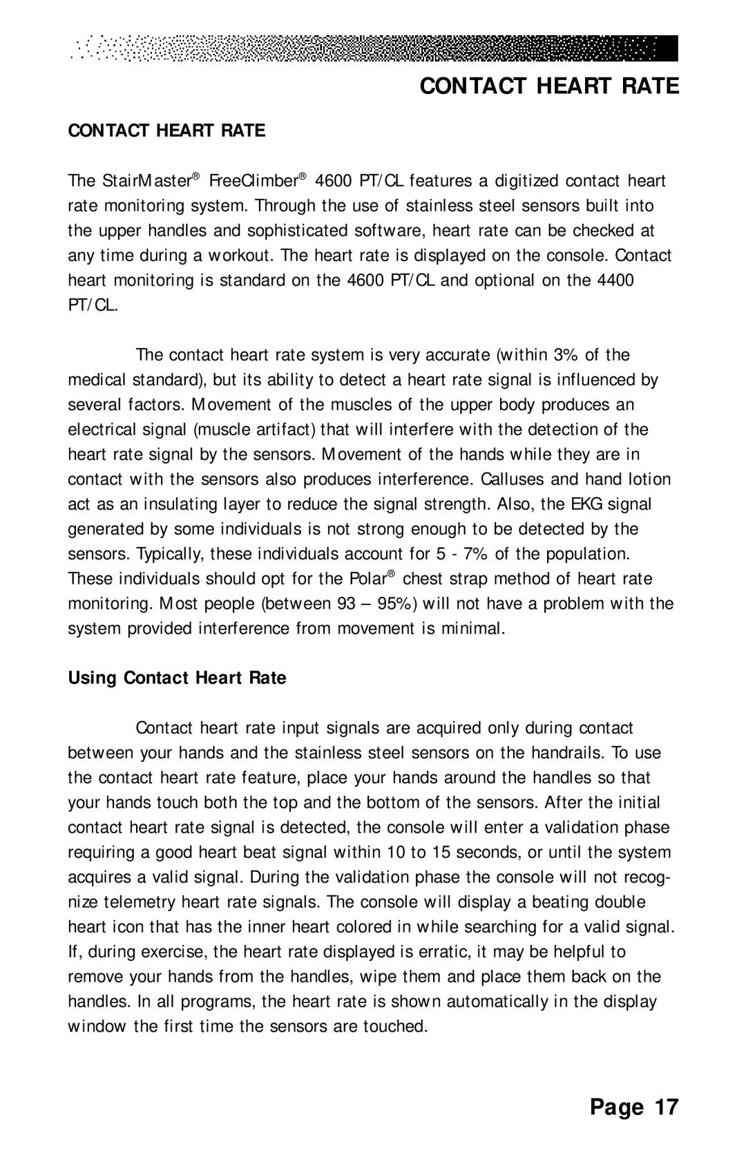 Stairmaster 4400 PT/CL, 4600 PT/CL, 4200 PT manual Using Contact Heart Rate 