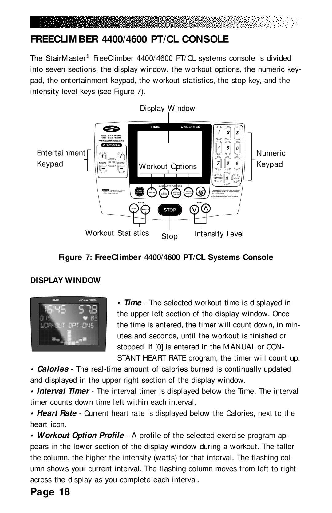 Stairmaster 4200 PT manual Freeclimber 4400/4600 PT/CL Console, Display Window Workout Options, Workout Statistics, Stop 