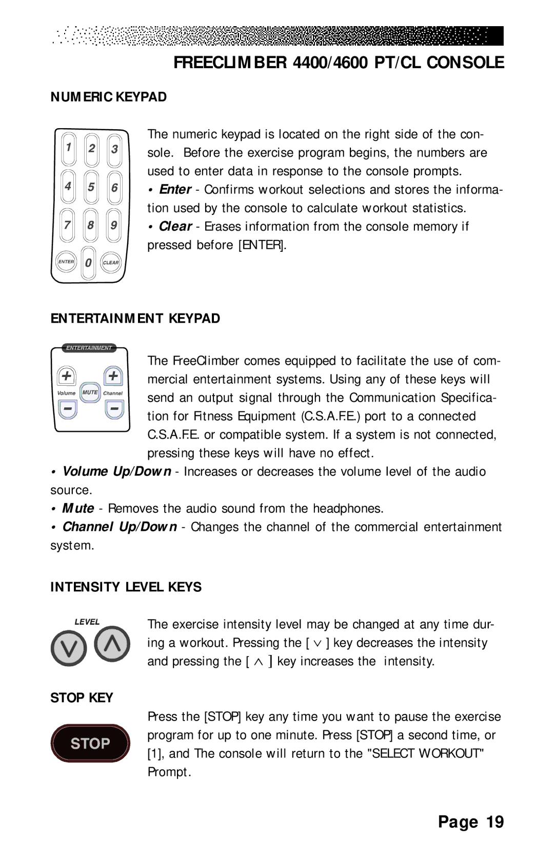 Stairmaster 4200 PT, 4600 PT/CL, 4400 PT/CL Numeric Keypad, Entertainment Keypad, Intensity Level Keys Stop KEY, Prompt 