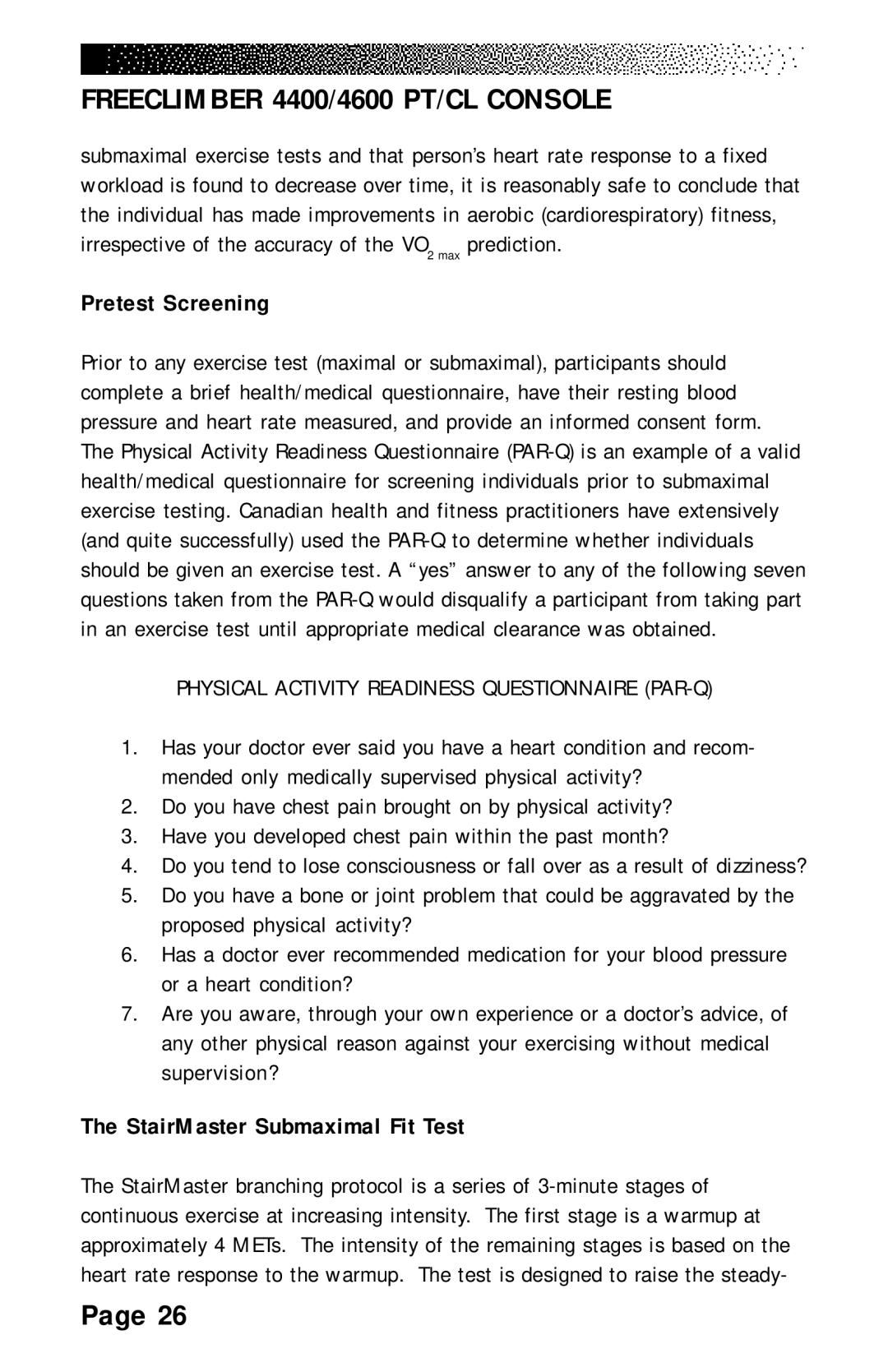 Stairmaster 4400 PT/CL, 4600 PT/CL, 4200 PT manual Pretest Screening, StairMaster Submaximal Fit Test 
