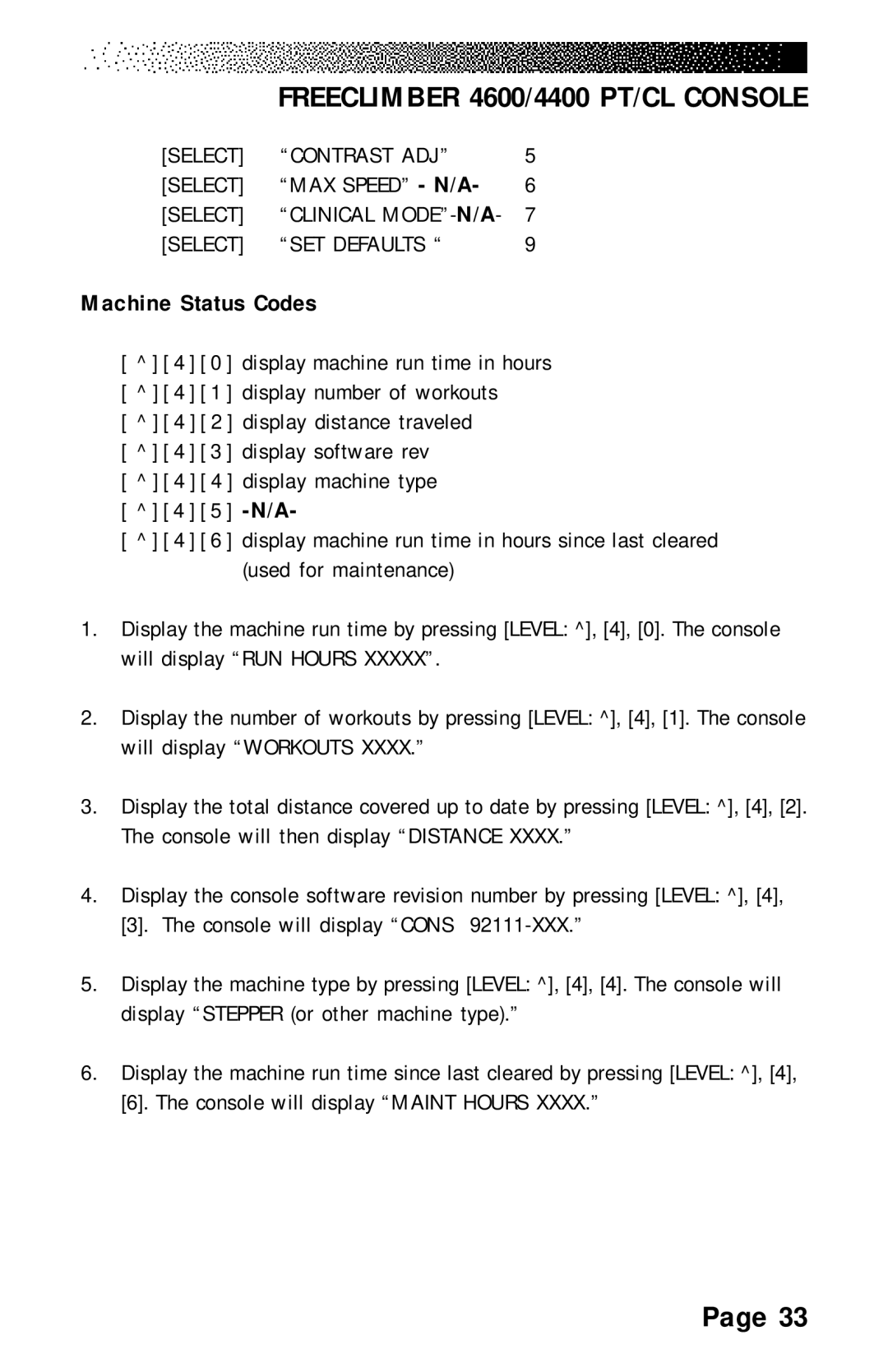 Stairmaster 4600 PT/CL, 4200 PT, 4400 PT/CL manual Machine Status Codes 