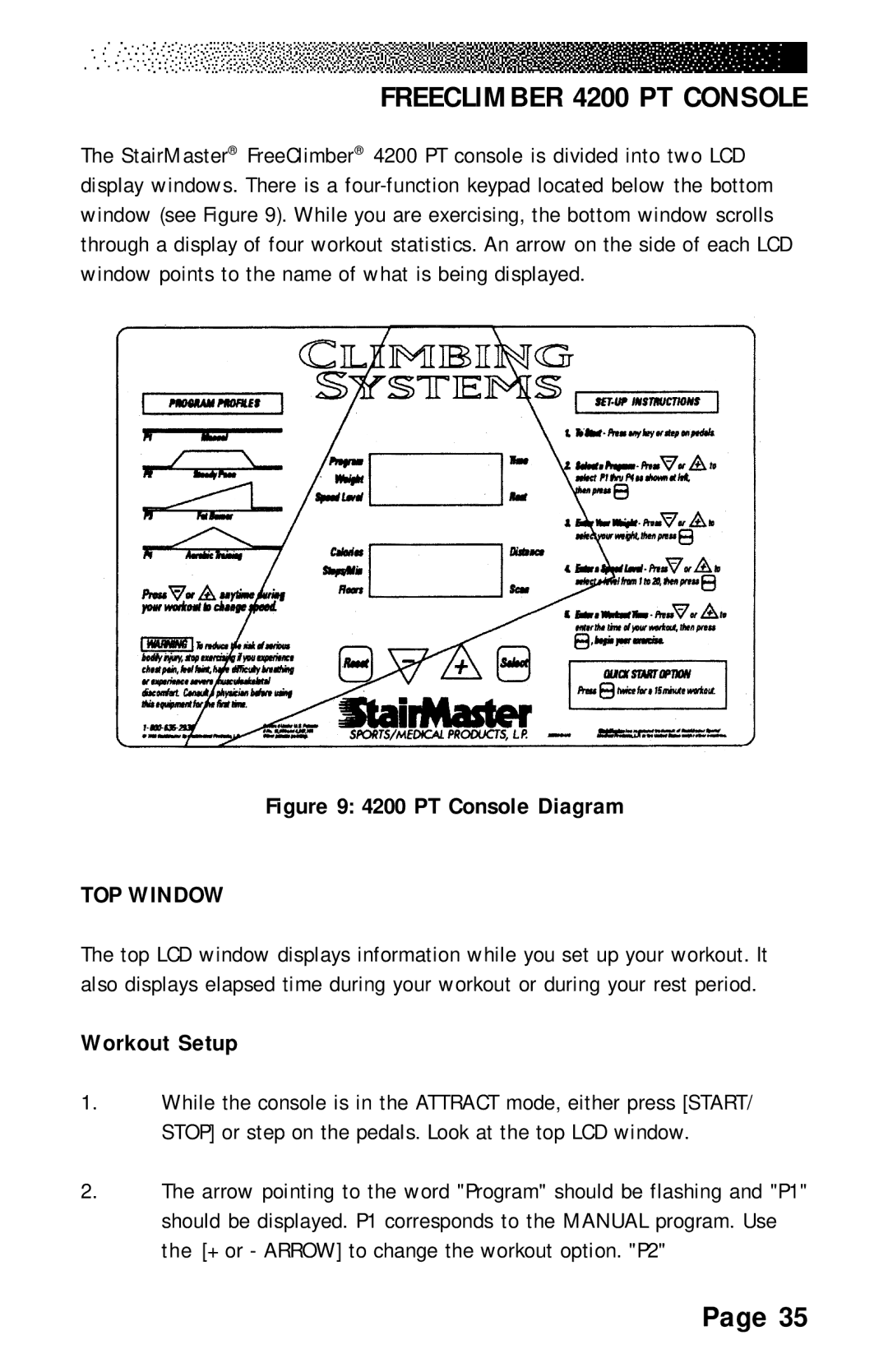 Stairmaster 4400 PT/CL, 4600 PT/CL, 4200 PT manual TOP Window, Workout Setup 