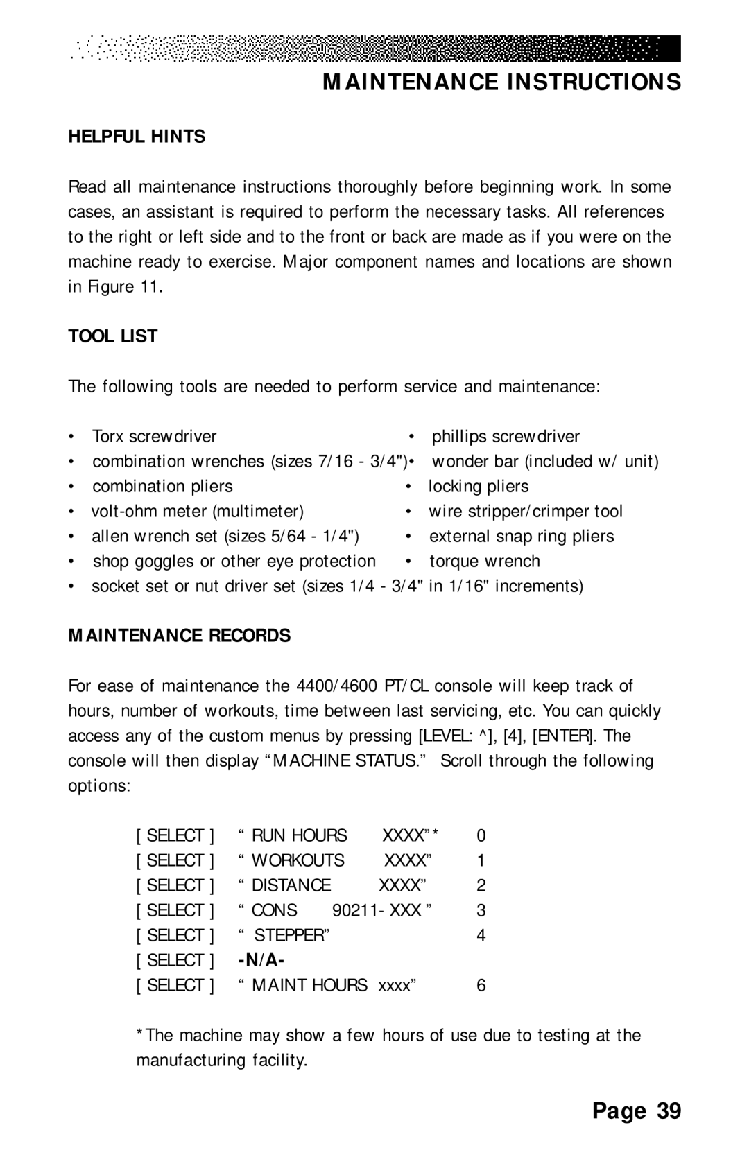 Stairmaster 4600 PT/CL, 4200 PT, 4400 PT/CL manual Maintenance Instructions, Helpful Hints, Tool List, Maintenance Records 