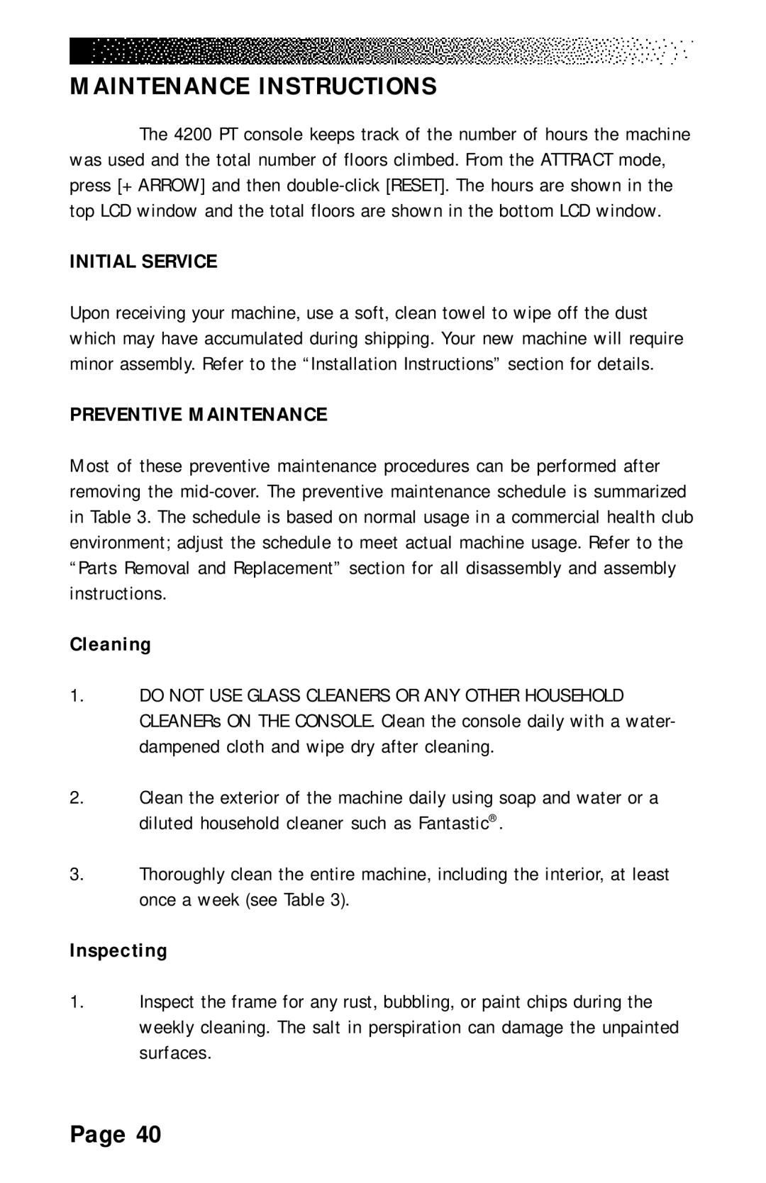 Stairmaster 4200 PT, 4600 PT/CL, 4400 PT/CL manual Initial Service, Preventive Maintenance, Cleaning, Inspecting 