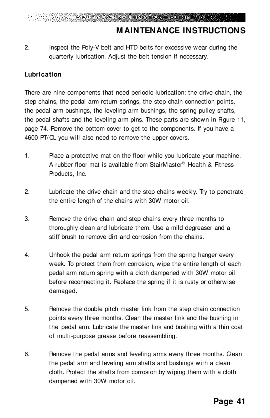 Stairmaster 4400 PT/CL, 4600 PT/CL, 4200 PT manual Lubrication 