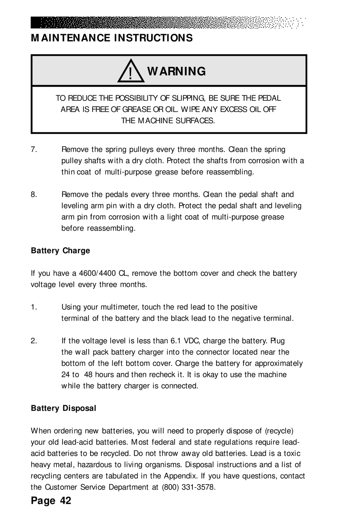 Stairmaster 4600 PT/CL, 4200 PT, 4400 PT/CL manual Battery Charge, Battery Disposal 