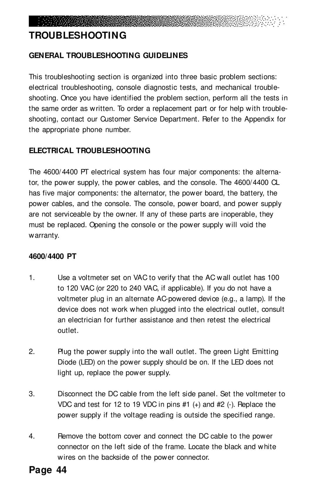 Stairmaster 4400 PT/CL, 4600 PT/CL manual General Troubleshooting Guidelines, Electrical Troubleshooting, 4600/4400 PT 