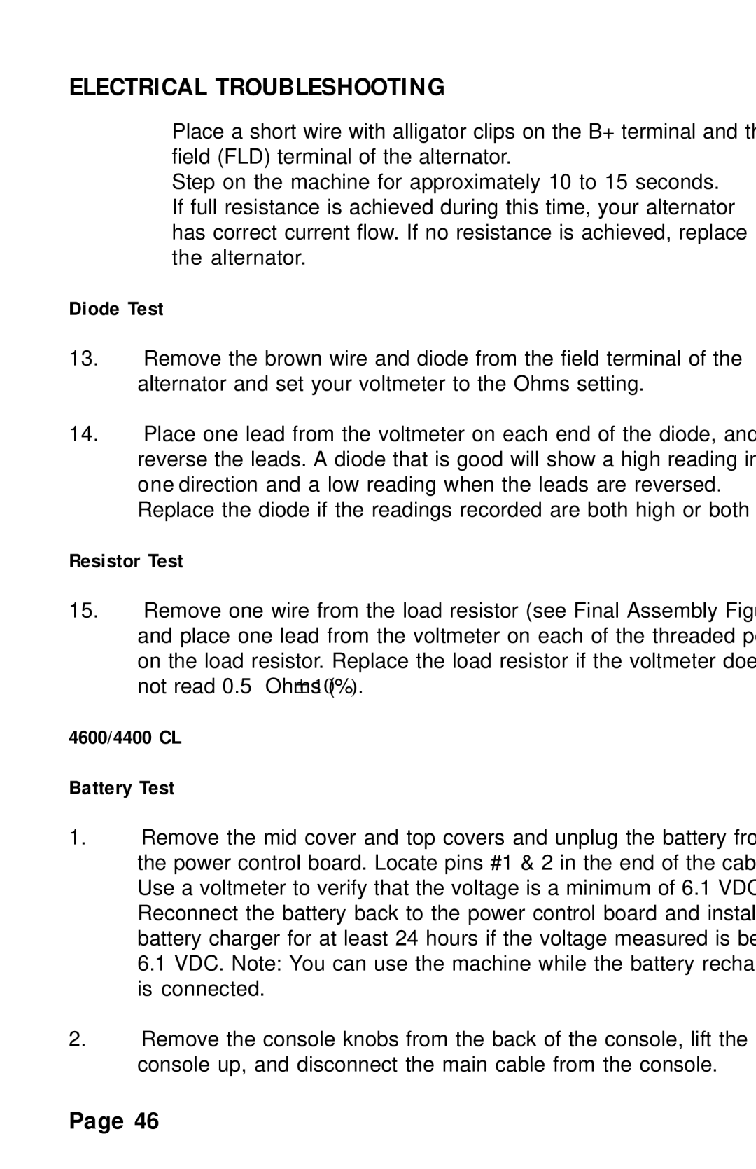 Stairmaster 4200 PT, 4600 PT/CL, 4400 PT/CL manual Diode Test, Resistor Test, 4600/4400 CL Battery Test 