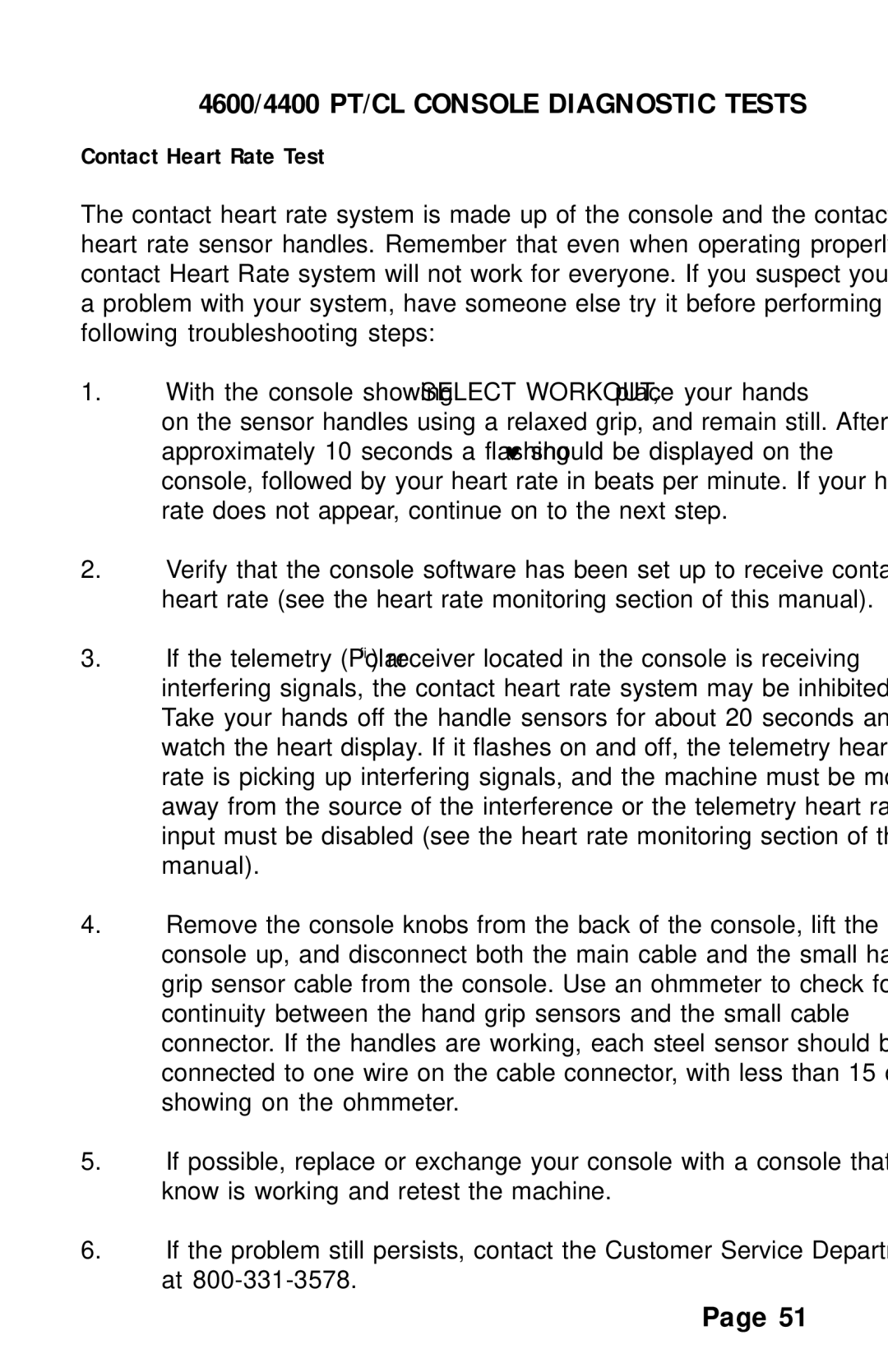 Stairmaster 4600 PT/CL, 4200 PT manual 4600/4400 PT/CL Console Diagnostic Tests, Contact Heart Rate Test 