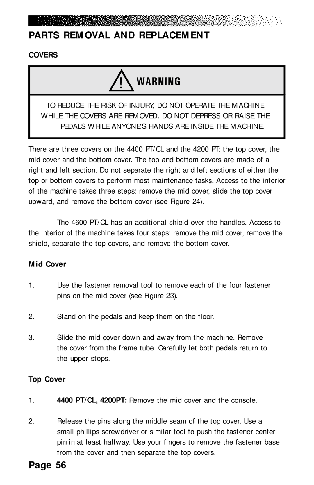 Stairmaster 4400 PT/CL, 4600 PT/CL, 4200 PT manual Parts Removal and Replacement, Covers, Mid Cover, Top Cover 