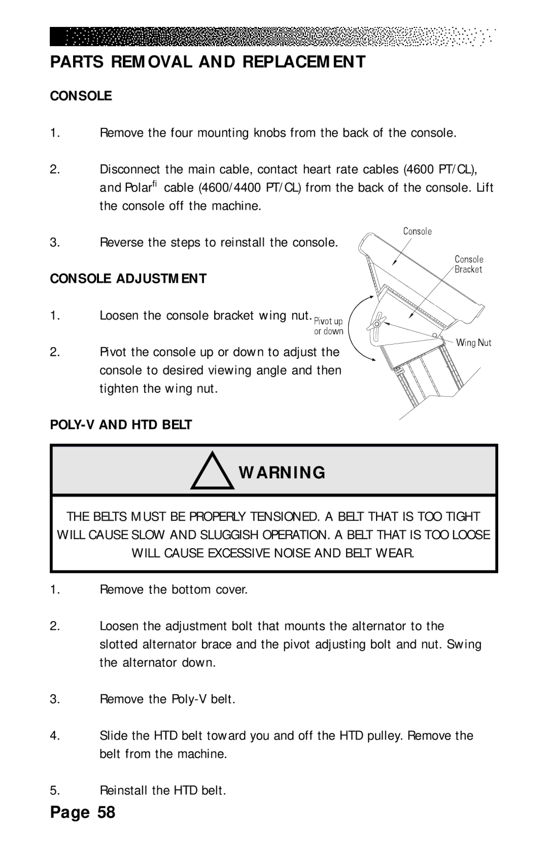 Stairmaster 4200 PT, 4600 PT/CL, 4400 PT/CL manual Console Adjustment, POLY-V and HTD Belt 