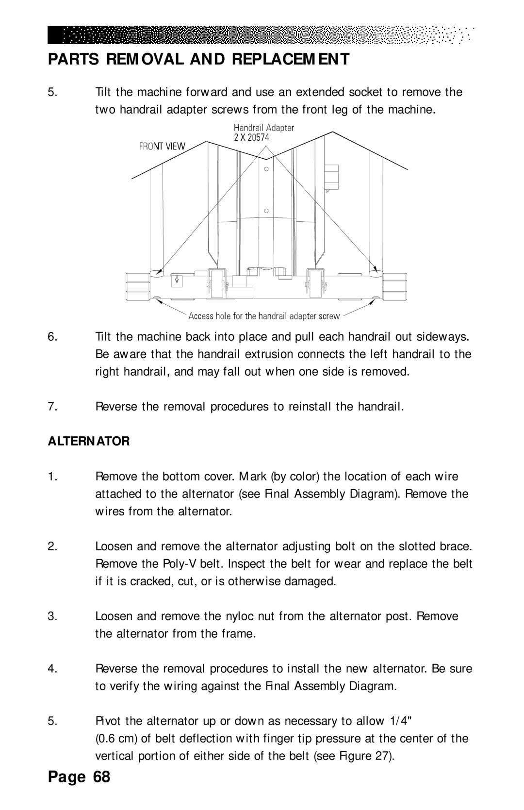 Stairmaster 4400 PT/CL, 4600 PT/CL, 4200 PT manual Reverse the removal procedures to reinstall the handrail, Alternator 