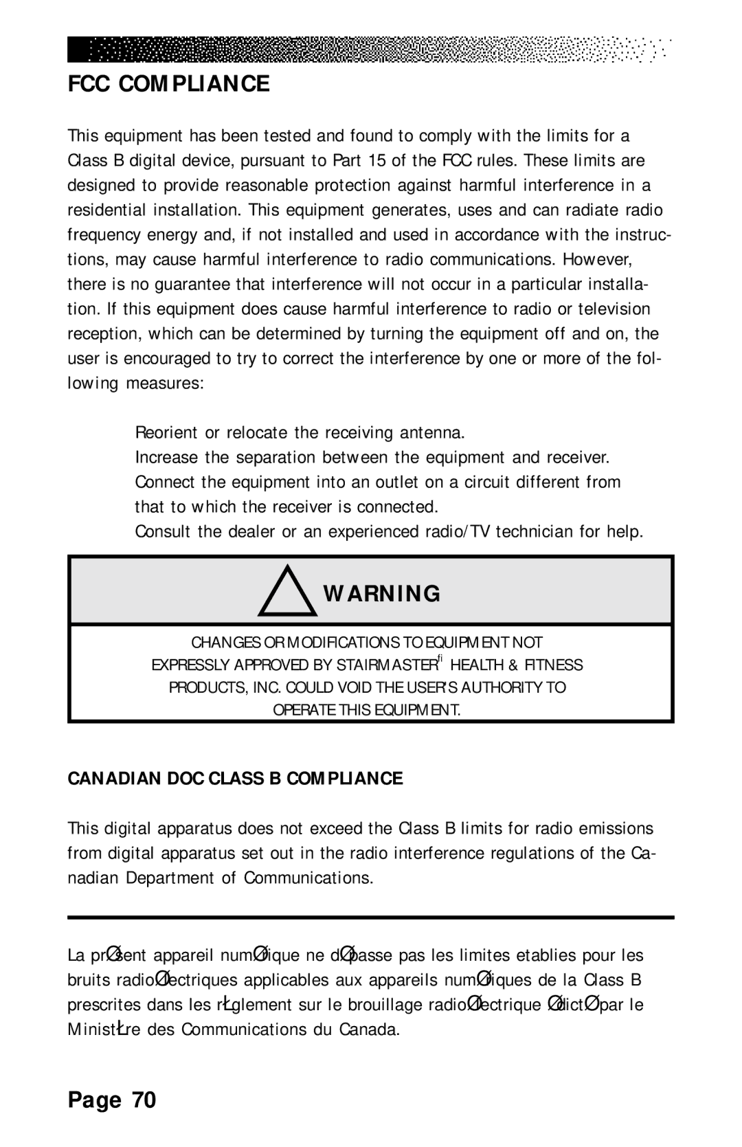 Stairmaster 4200 PT, 4600 PT/CL, 4400 PT/CL manual FCC Compliance, Canadian DOC Class B Compliance 