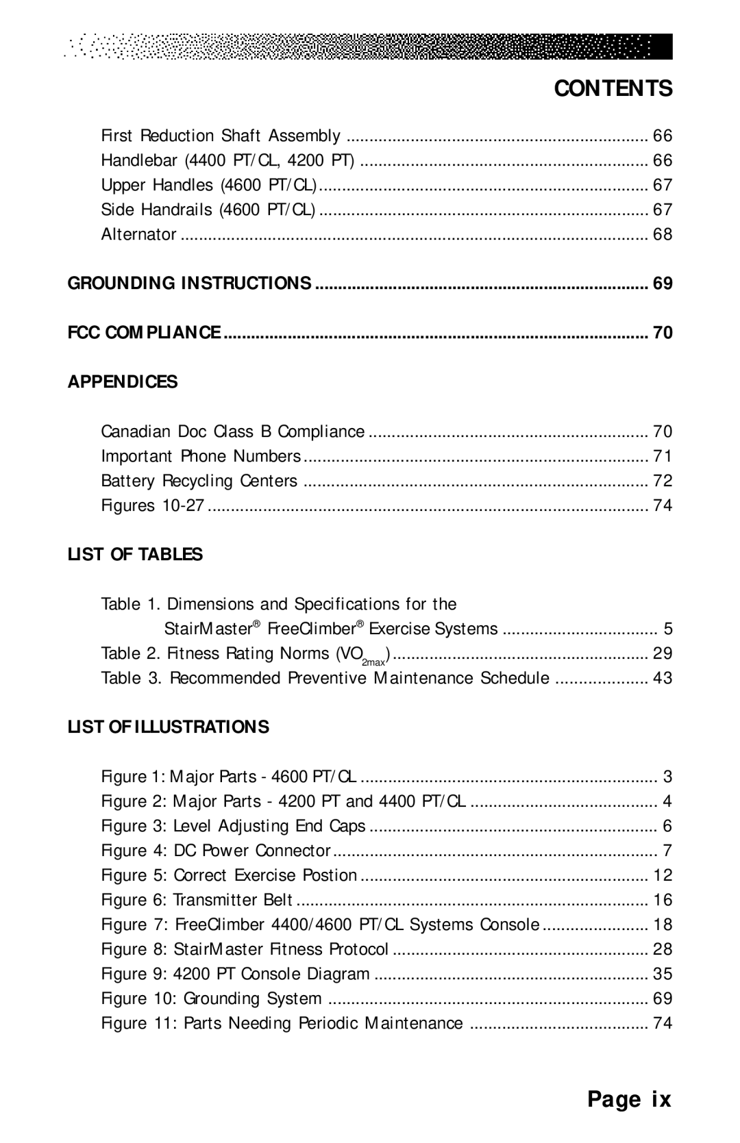 Stairmaster 4400 PT/CL, 4600 PT/CL Appendices, List of Tables, Dimensions and Specifications for, List of Illustrations 