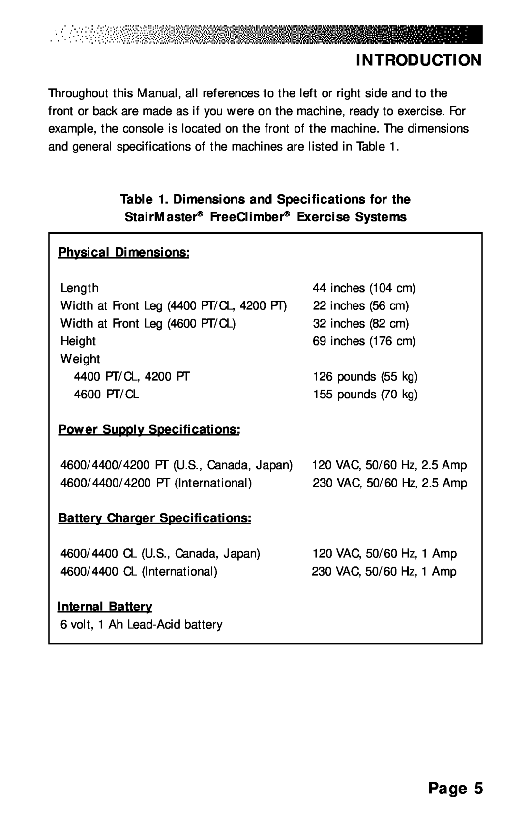 Stairmaster 4400 PT/CL Dimensions and Specifications for the, StairMaster FreeClimber Exercise Systems, Internal Battery 