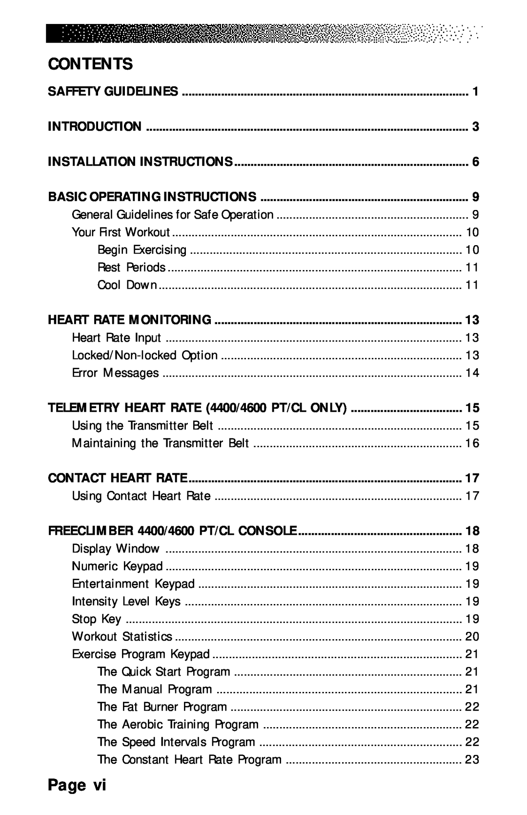 Stairmaster 4400 PT/CL Contents, Page, Saffety Guidelines, Introduction, Installation Instructions, Heart Rate Monitoring 