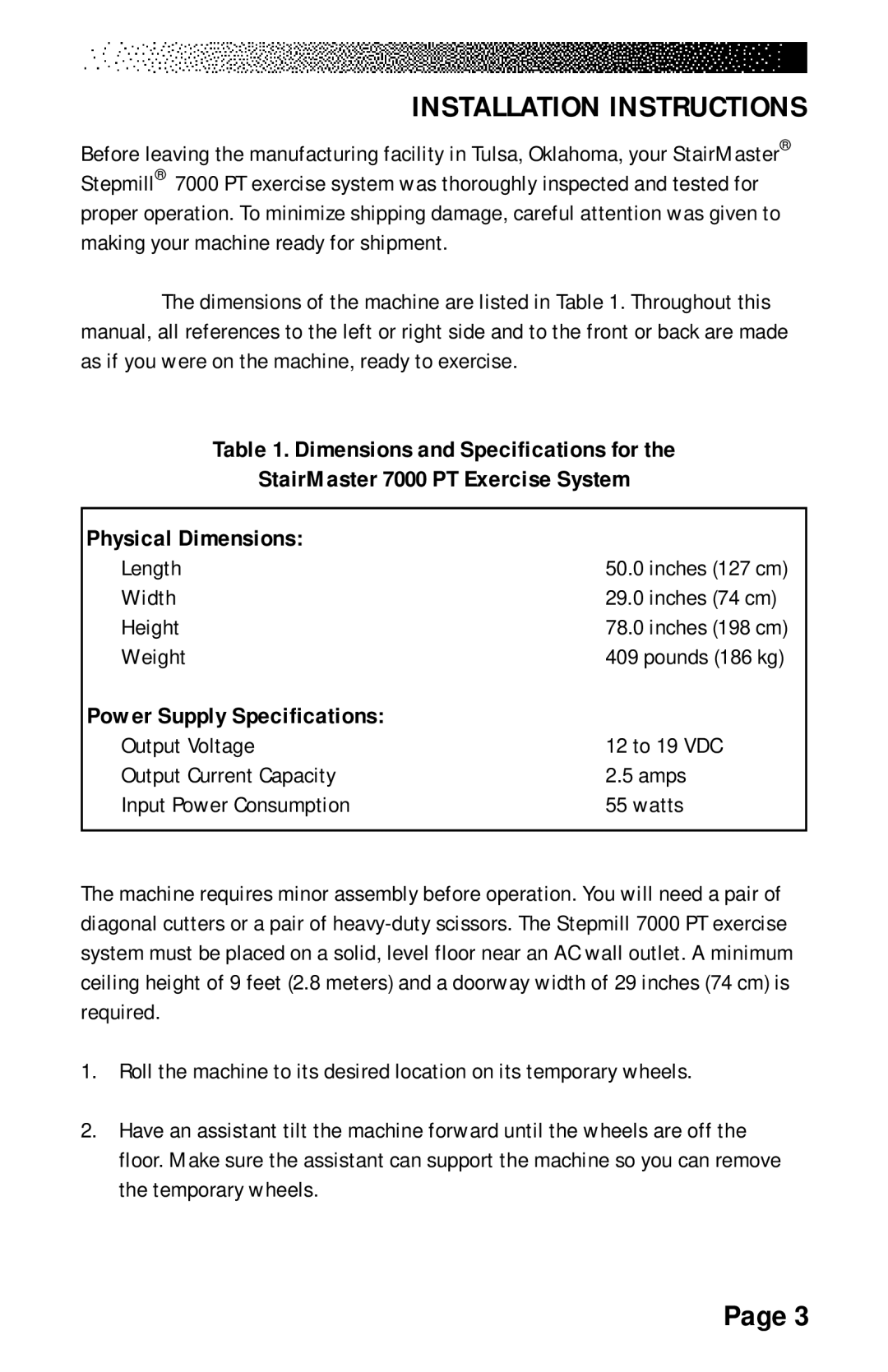 Stairmaster manual Installation Instructions, Dimensions and Specifications for, StairMaster 7000 PT Exercise System 