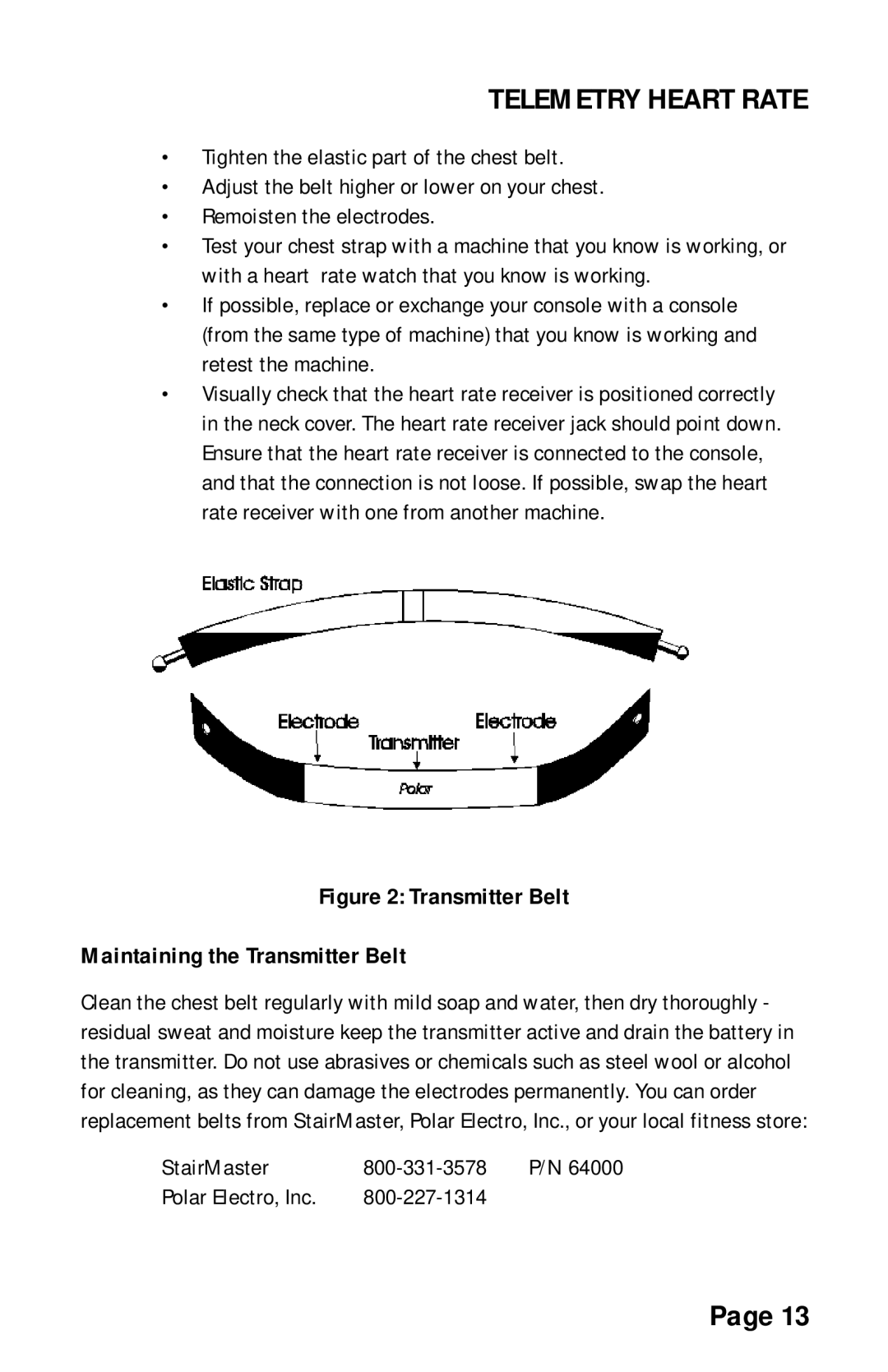 Stairmaster 7000 manual Transmitter Belt Maintaining the Transmitter Belt, StairMaster 