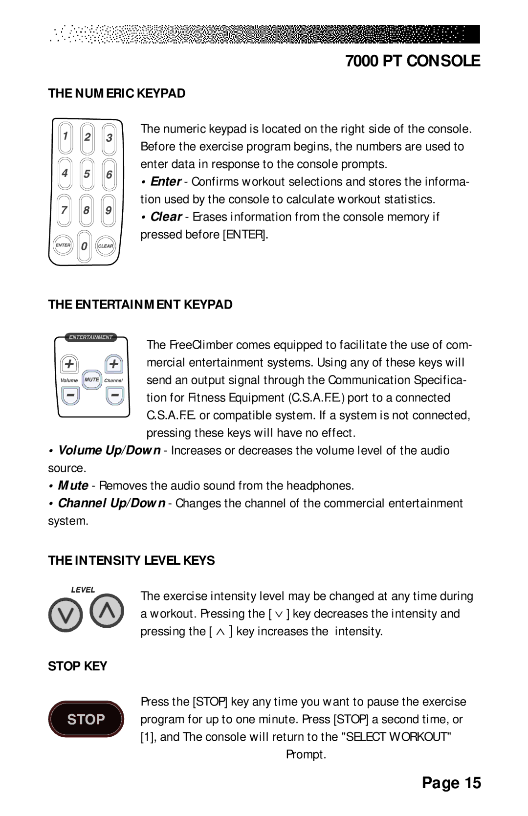 Stairmaster 7000 manual Numeric Keypad, Entertainment Keypad, Intensity Level Keys Stop KEY, Prompt 