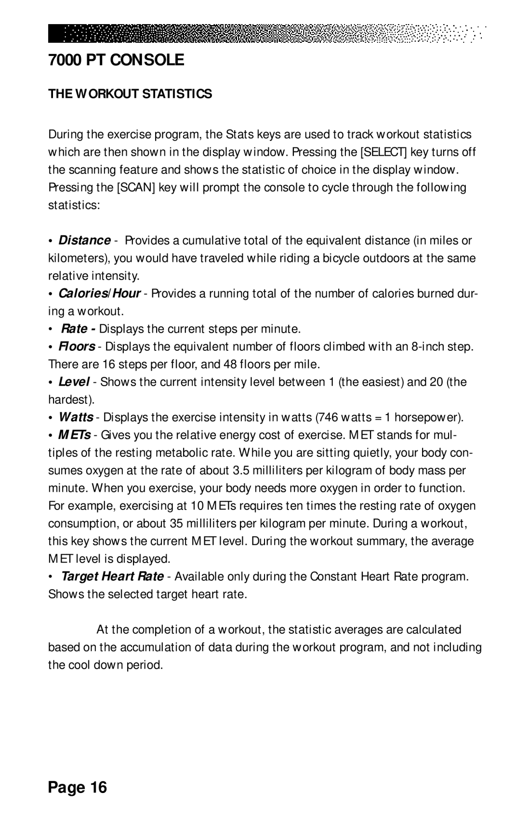 Stairmaster 7000 manual Workout Statistics 