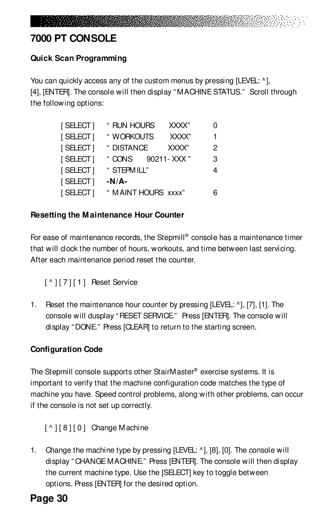 Stairmaster 7000 manual Resetting the Maintenance Hour Counter, Configuration Code 