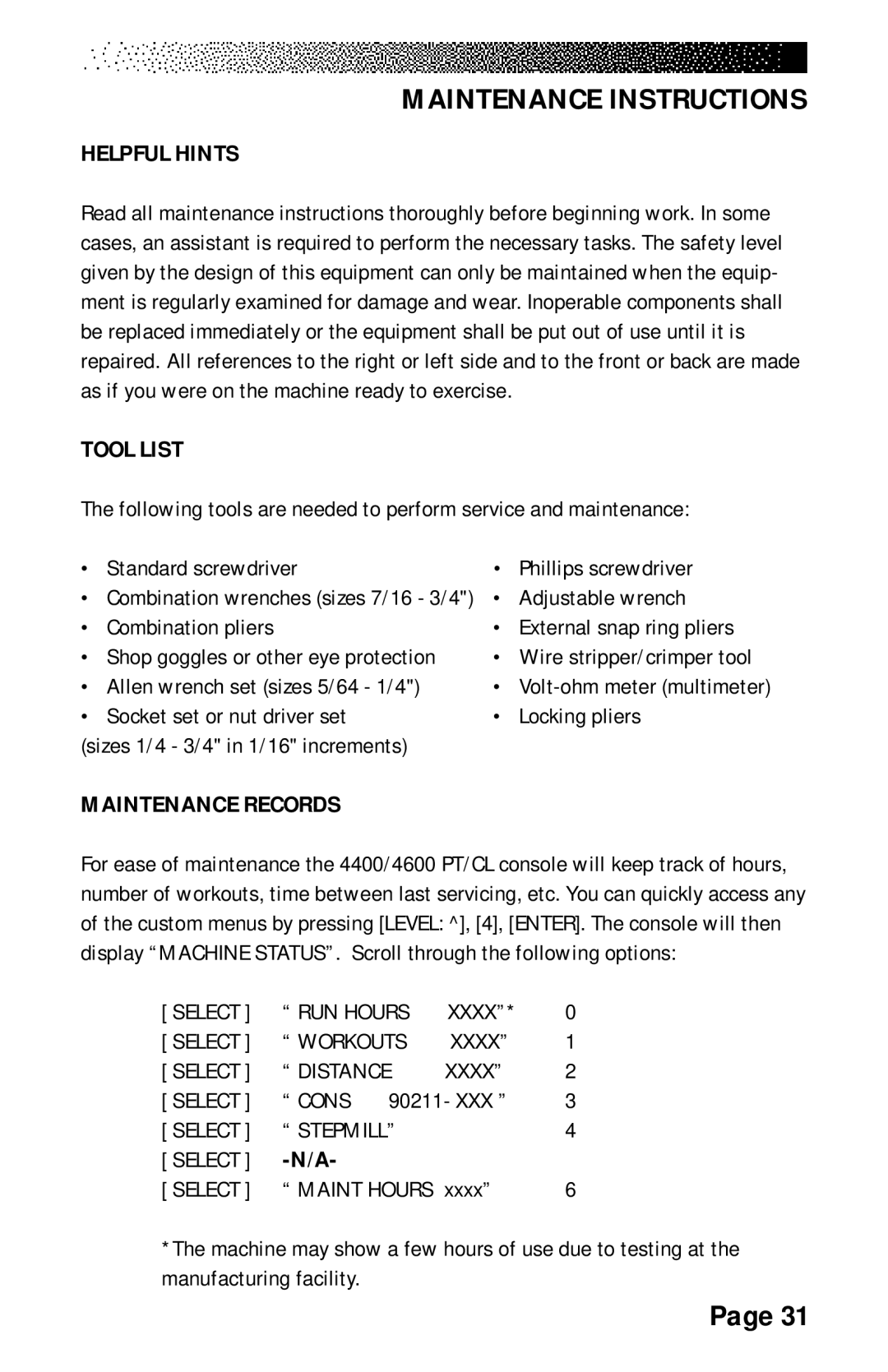 Stairmaster 7000 manual Maintenance Instructions, Helpful Hints, Tool List, Maintenance Records 