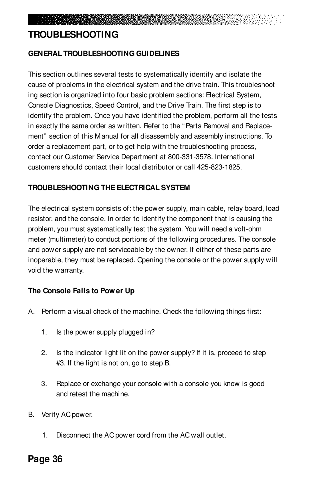 Stairmaster 7000 General Troubleshooting Guidelines, Troubleshooting the Electrical System, Console Fails to Power Up 