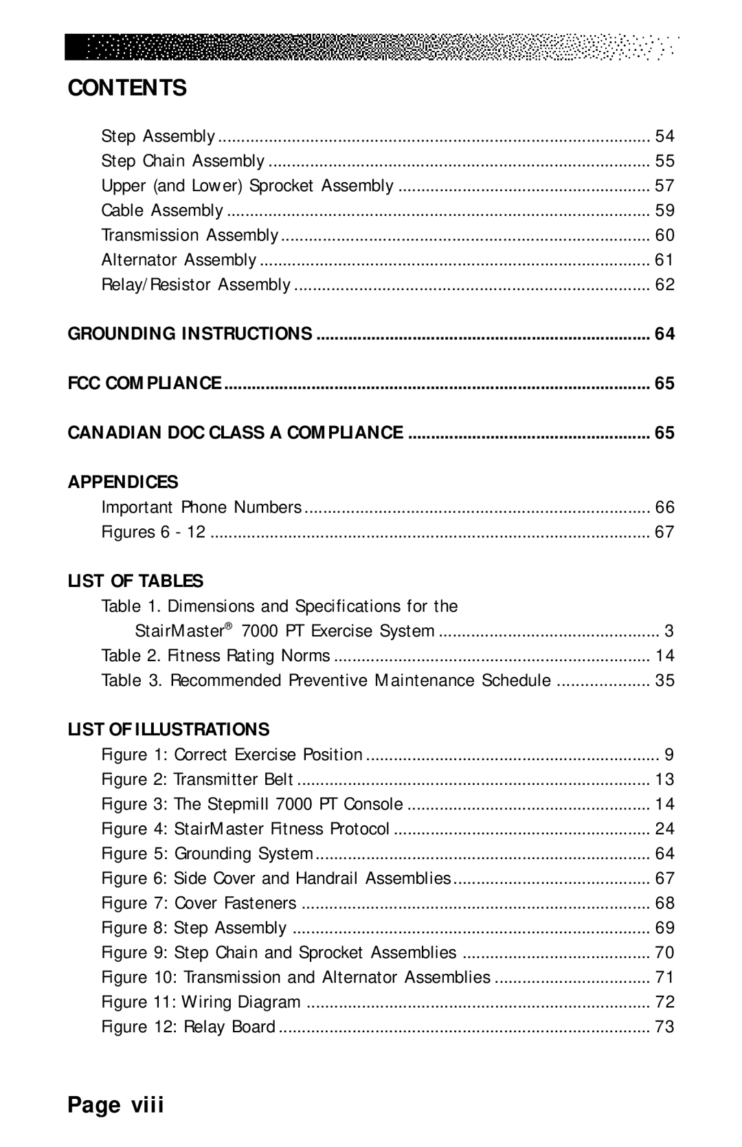 Stairmaster 7000 manual Appendices, List of Tables, List of Illustrations 