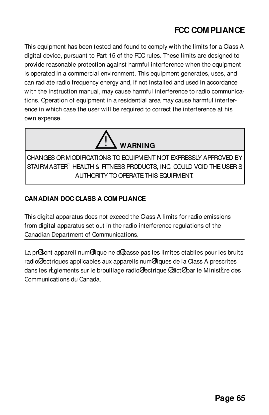 Stairmaster 7000 manual FCC Compliance, Canadian DOC Class a Compliance 