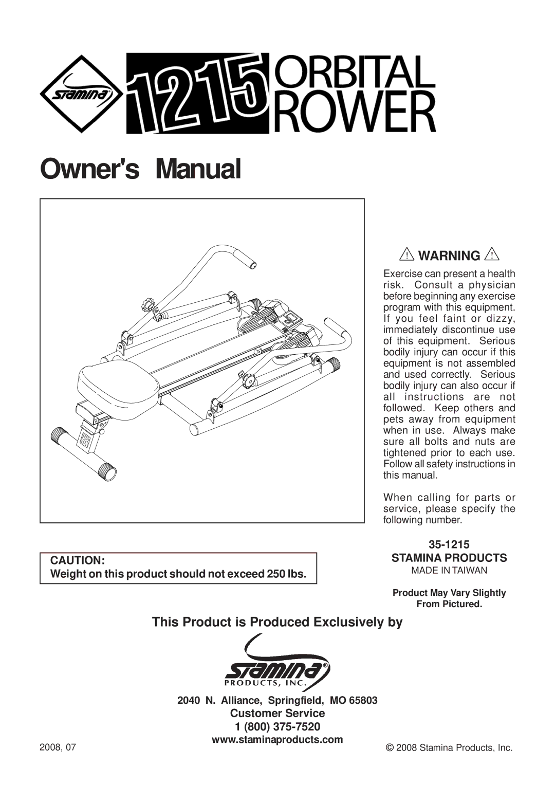 Stamina Products 1215 owner manual This Product is Produced Exclusively by 