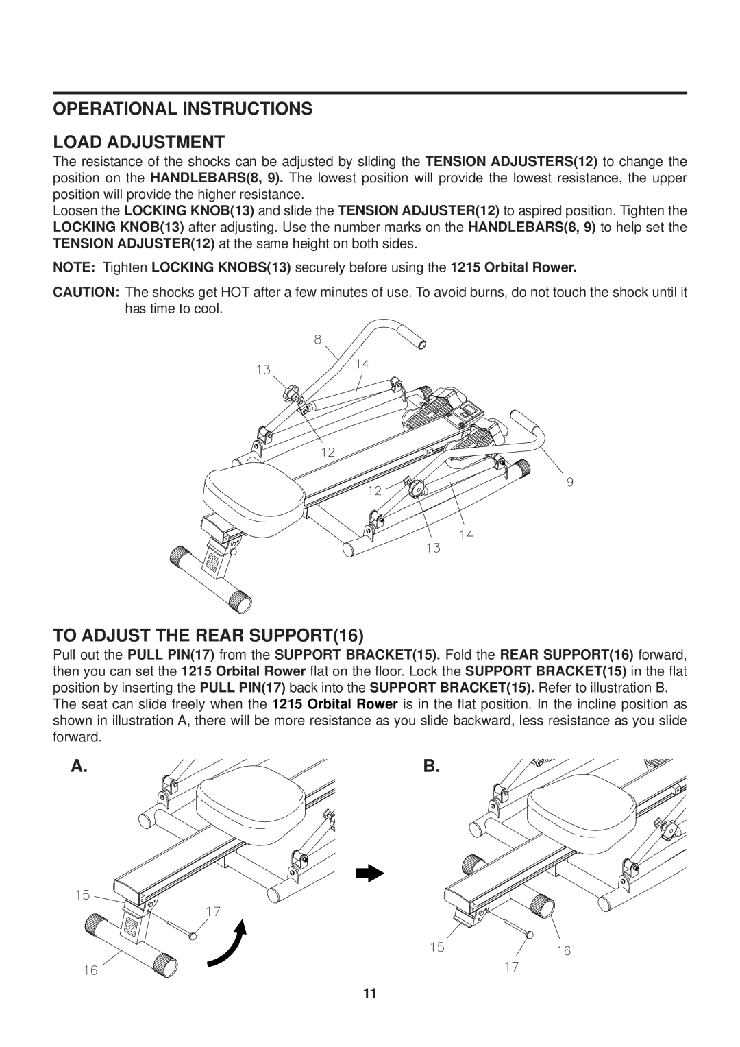 Stamina Products 1215 owner manual Operational Instructions Load Adjustment, To Adjust the Rear SUPPORT16 