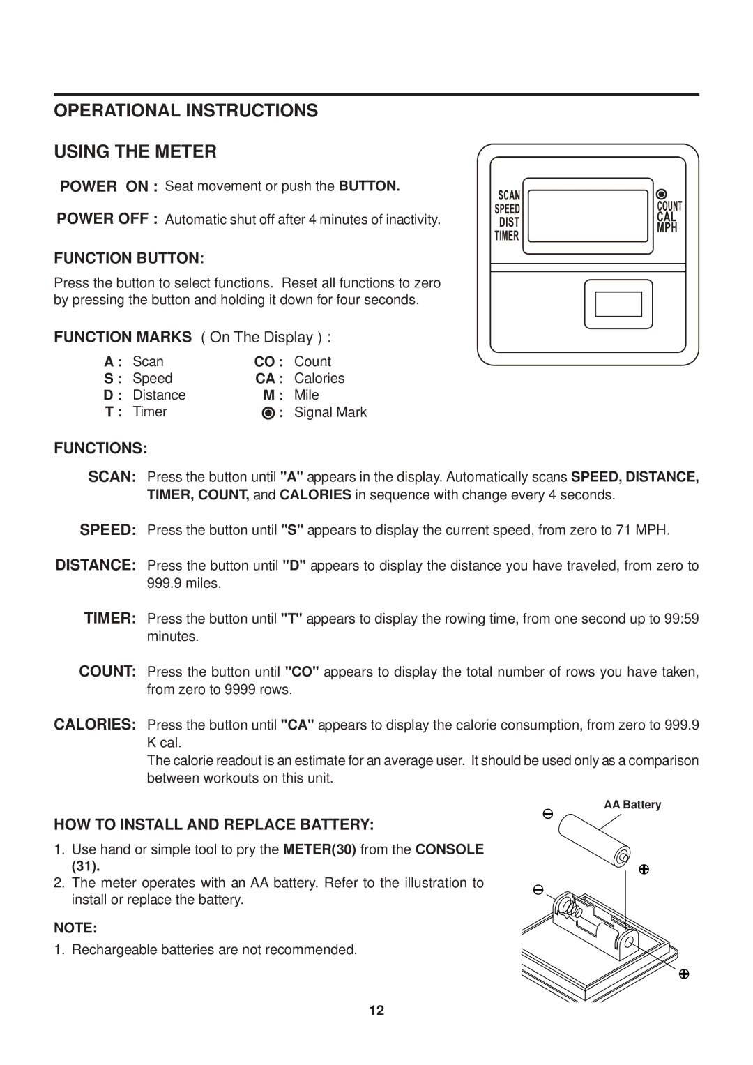 Stamina Products 1215 owner manual Operational Instructions Using the Meter, Function Button 