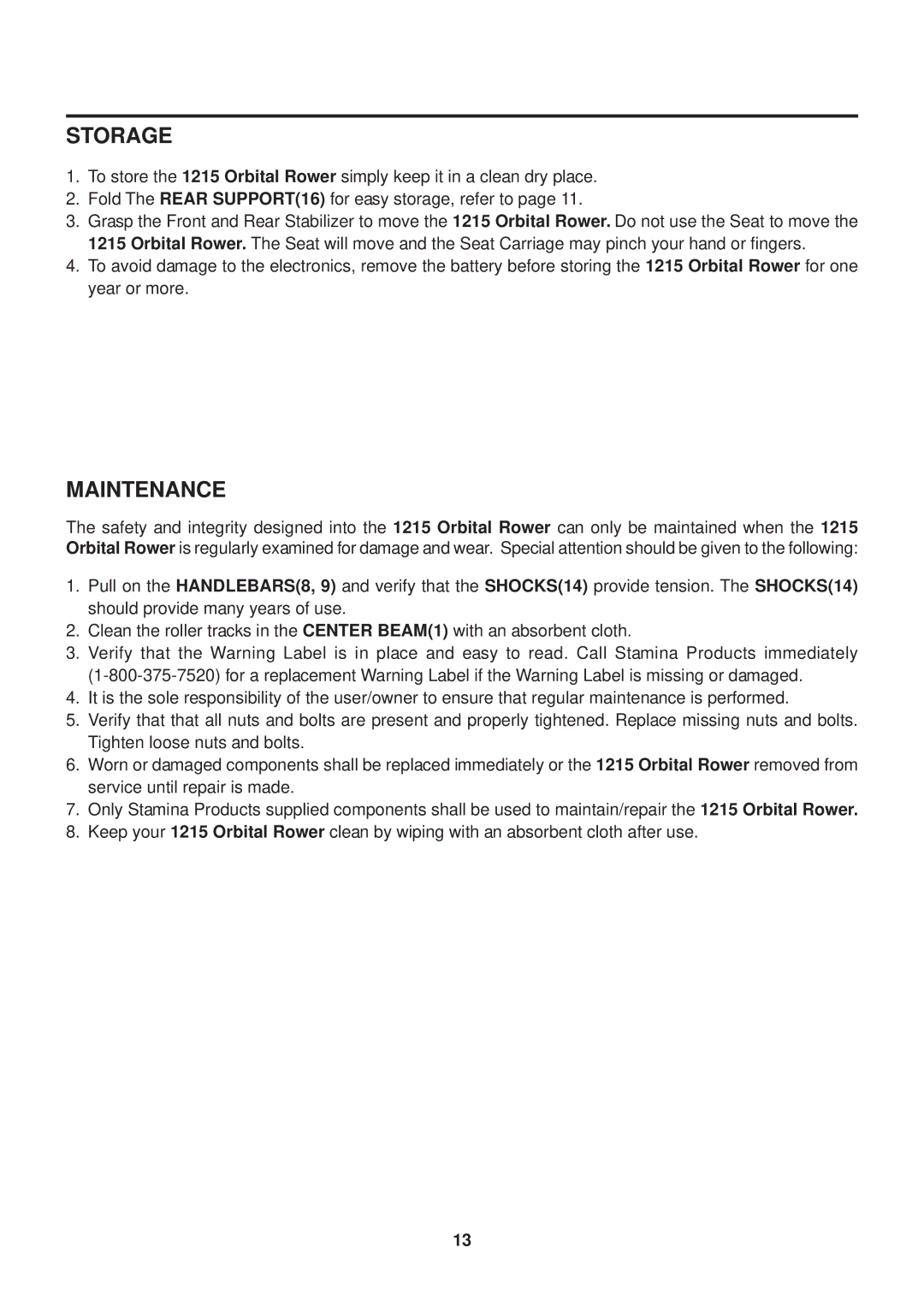 Stamina Products 1215 owner manual Storage, Maintenance 