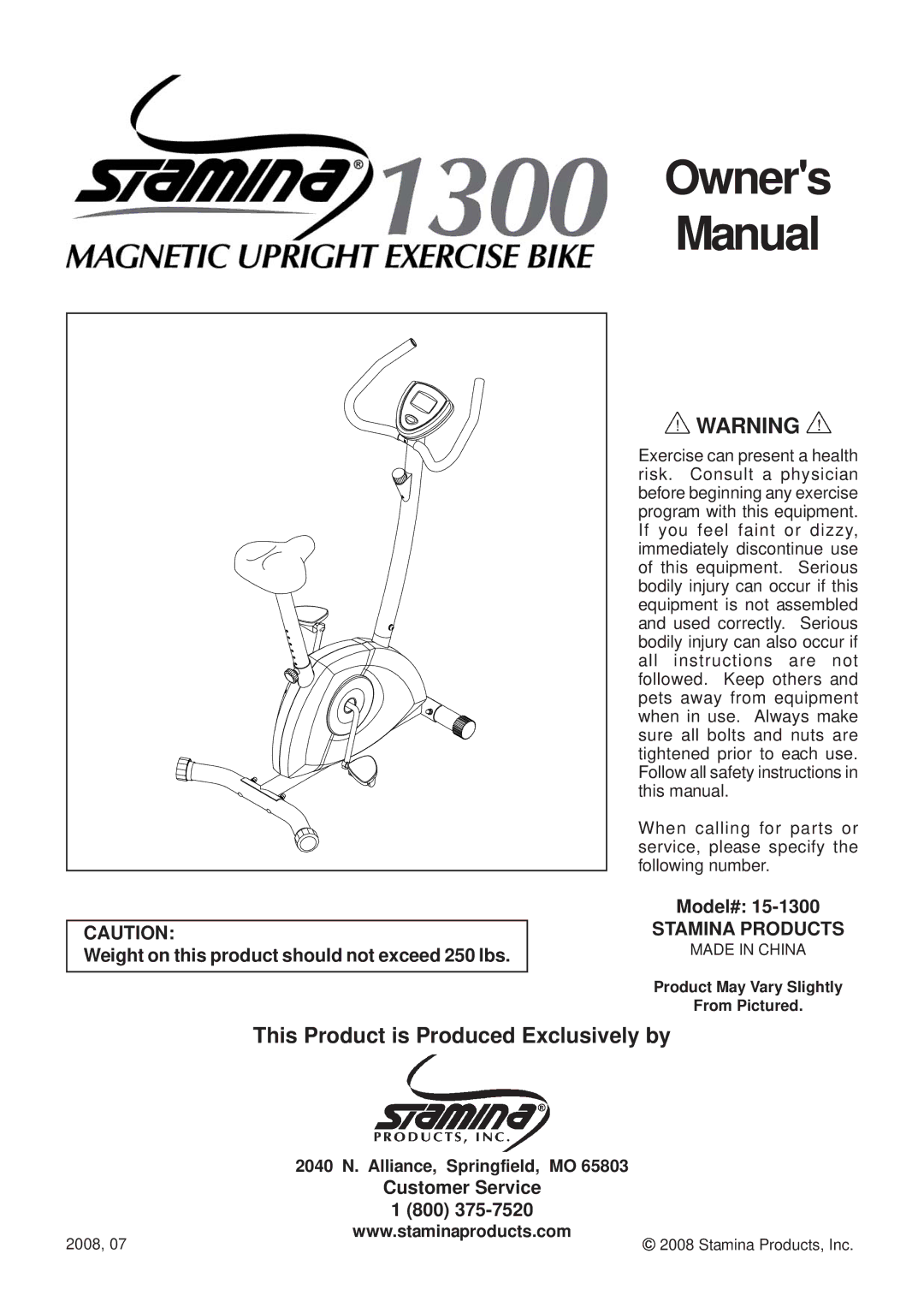 Stamina Products 1300 owner manual Owners Manual, Stamina Products 